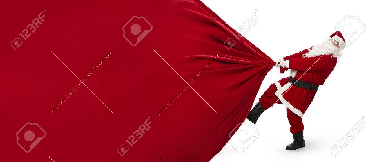 Santa Claus pulling huge bag of presents isiolated on white background with copy space - 87484256 Santa Claus pulling huge bag of presents isiolated on white background with copy space - 87484256