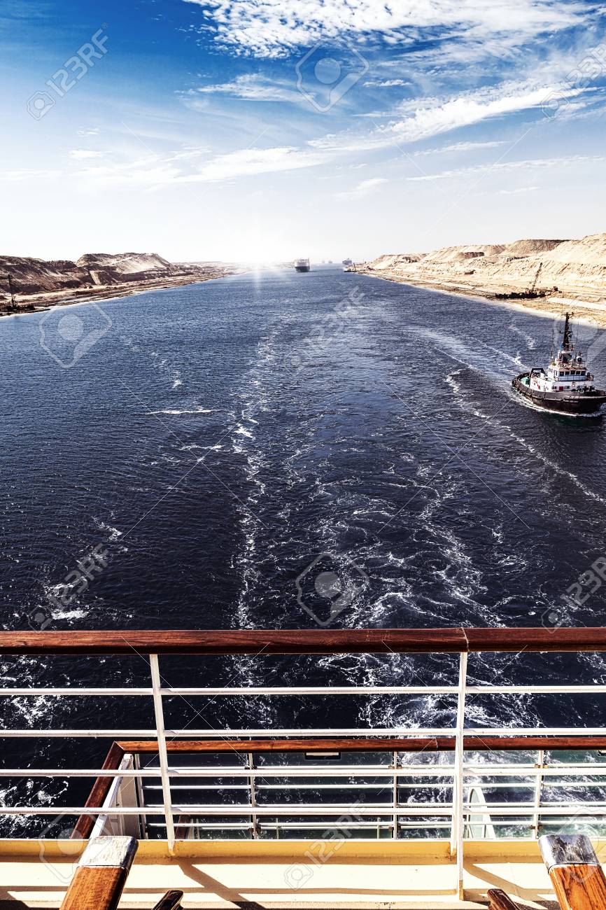 The Suez Canal A Ship Convoy With A Cruise Ship Passes Through Stock Photo Picture And Royalty Free Image Image 81827191