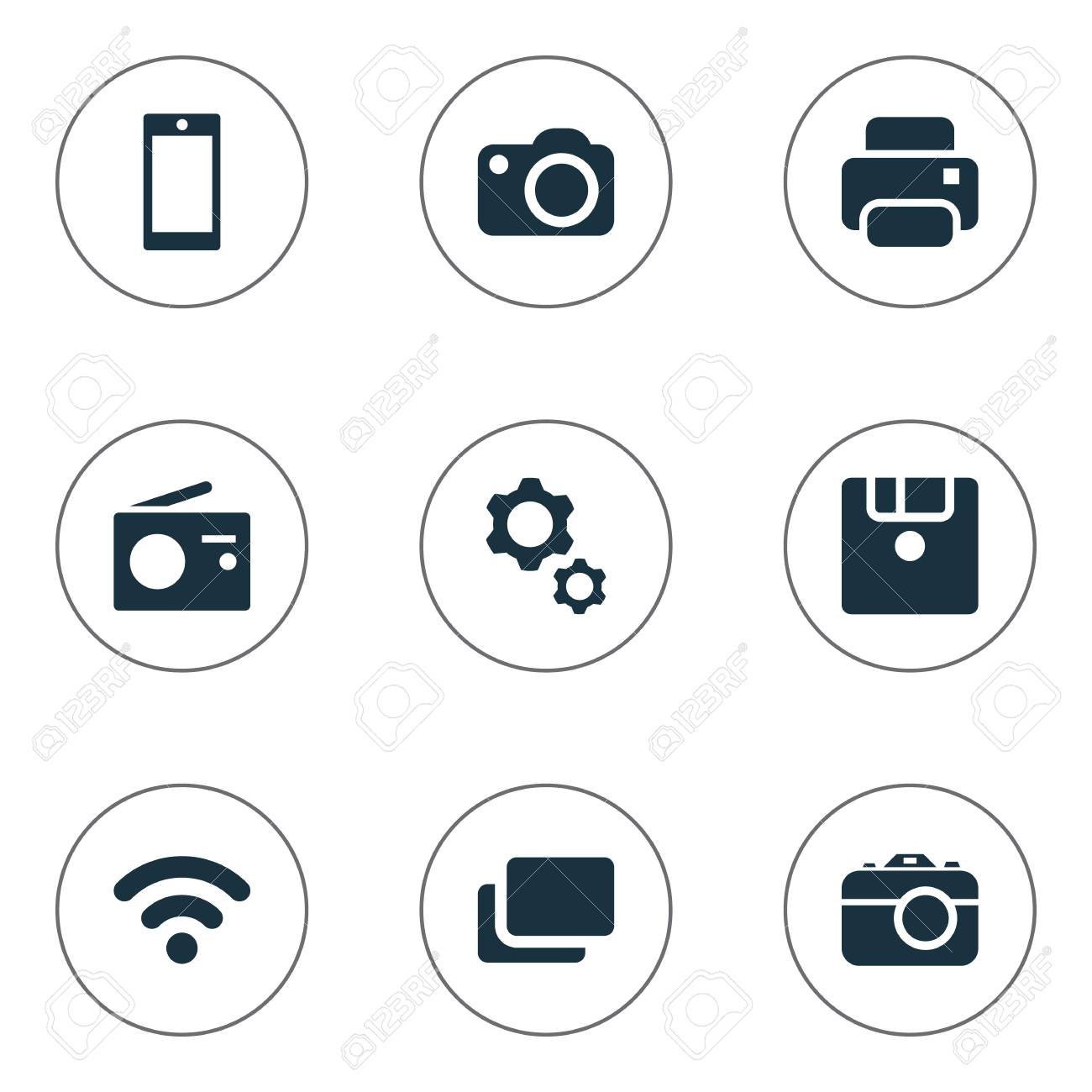 シンプルなデジタル アイコンのベクター イラスト セット 要素のコピー機 レイアウト スマート フォン 他の同義語の Wifi 設定とチューナー の イラスト素材 ベクタ Image