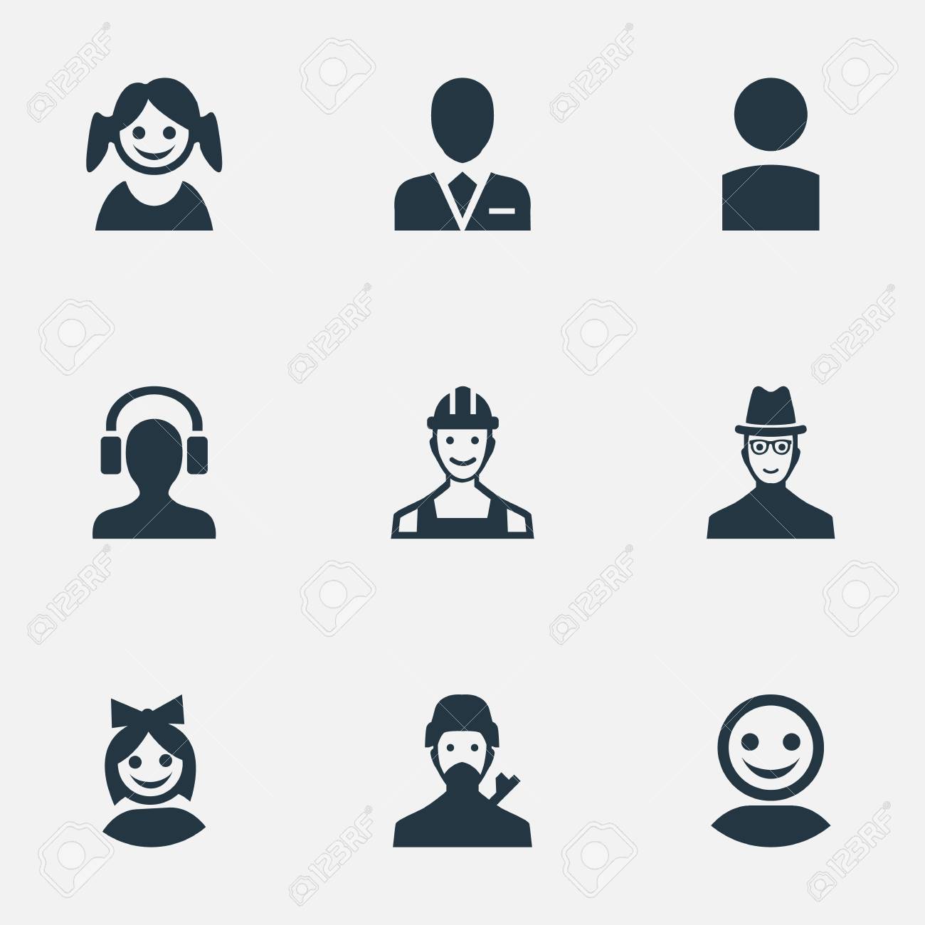 シンプルのアバター アイコンのベクター イラスト セット 小さな女の子 スパイ インターネット プロファイルとエンジニア リング 他の類義語メンバーの要素とビジネス のイラスト素材 ベクタ Image