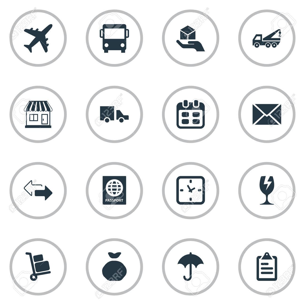 単純な配信アイコンのベクター イラスト セット 要素の荷物運搬人 バン Autobus 他の同義語を見て メッセージ 袋 のイラスト素材 ベクタ Image