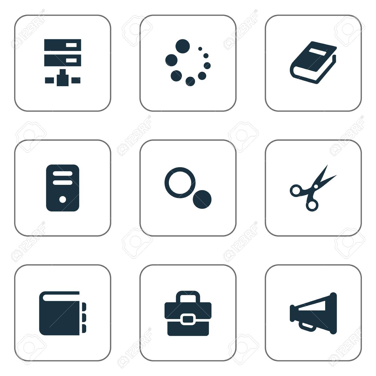 シンプルなデザインのアイコンのイラスト セット 要素システム ユニット 読み込み リスト 他の同義語をカット 在庫とのハンドバッグ のイラスト素材 ベクタ Image