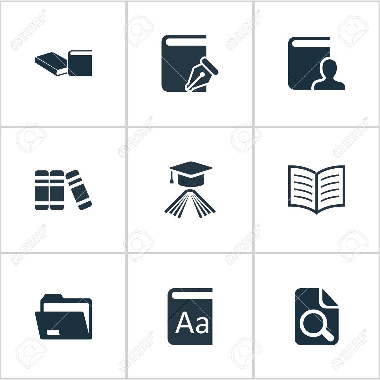 簡単な教育アイコンのベクター イラスト セット 他の同義語のノートブック 虫眼鏡 知識要素著者本棚とドキュメント のイラスト素材 ベクタ Image