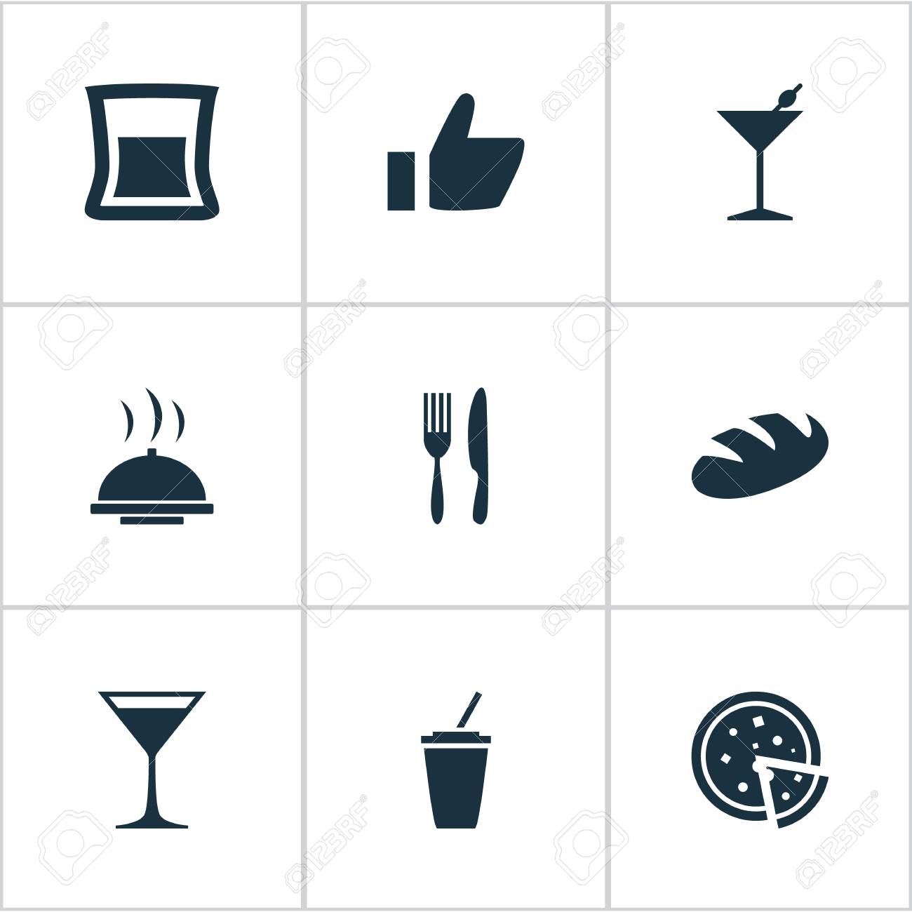 シンプルなカフェのアイコンのベクトル イラスト セット 要素ペパロニ ガラス 食品トレイ その他類義語ワイングラス アルコールとトレイ のイラスト素材 ベクタ Image