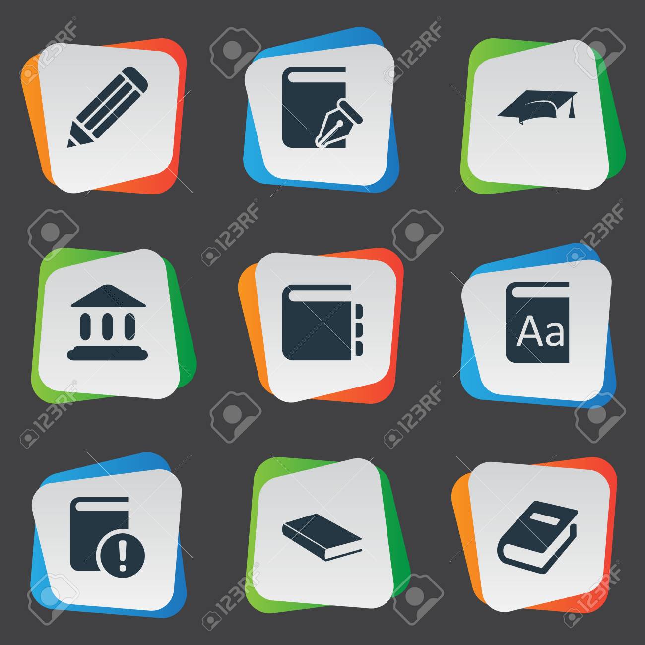 簡単な読書のアイコンのベクトル イラスト セット 要素のアルファベット ノートブック ペン 他類義語ペン キャップと辞書 のイラスト素材 ベクタ Image