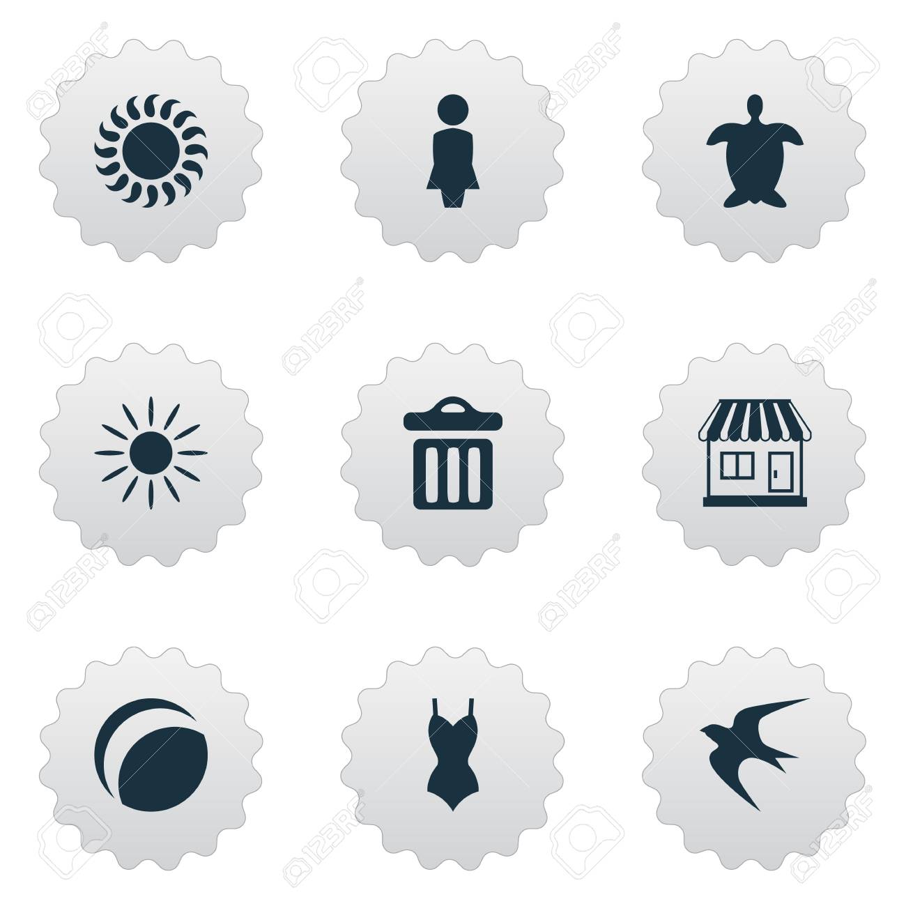 シンプルなビーチ アイコンのベクター イラスト セット 要素日光 ビーチゲーム 暑くて他類義語ゴミ箱 自由と太陽の光 のイラスト素材 ベクタ Image