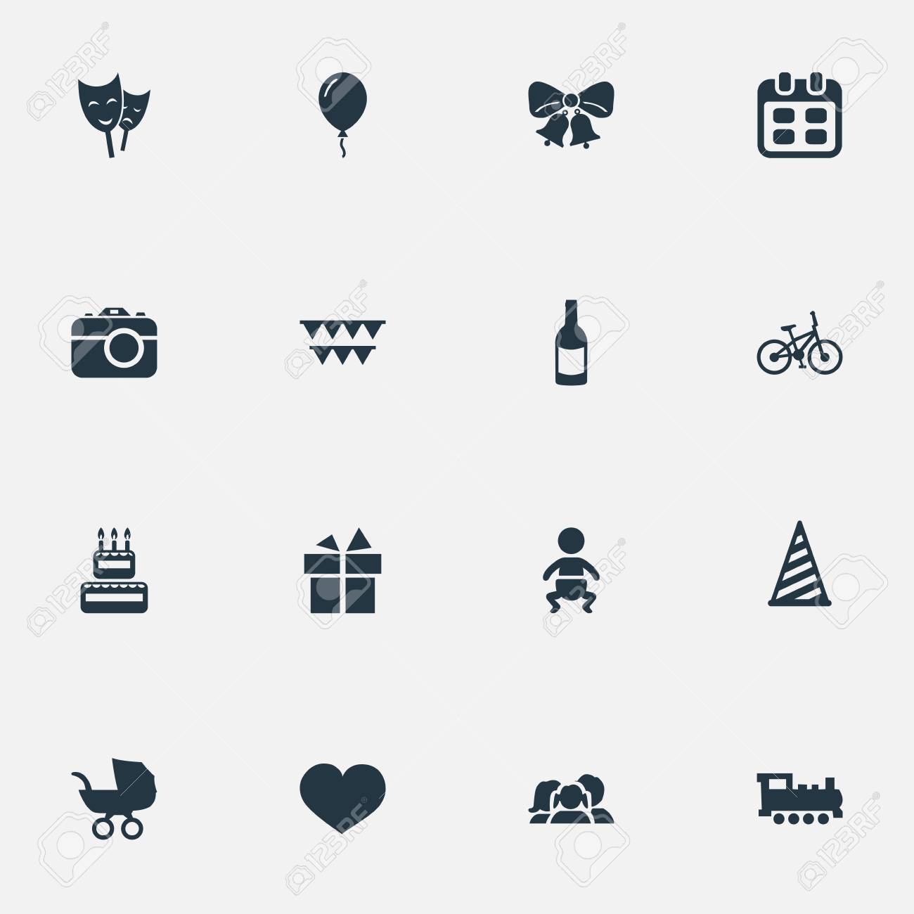 単純な休日のアイコンのベクトル イラスト セット 要素マスク リボン 鉄道および他の類義語の赤ちゃん 蒸気と魂 のイラスト素材 ベクタ Image