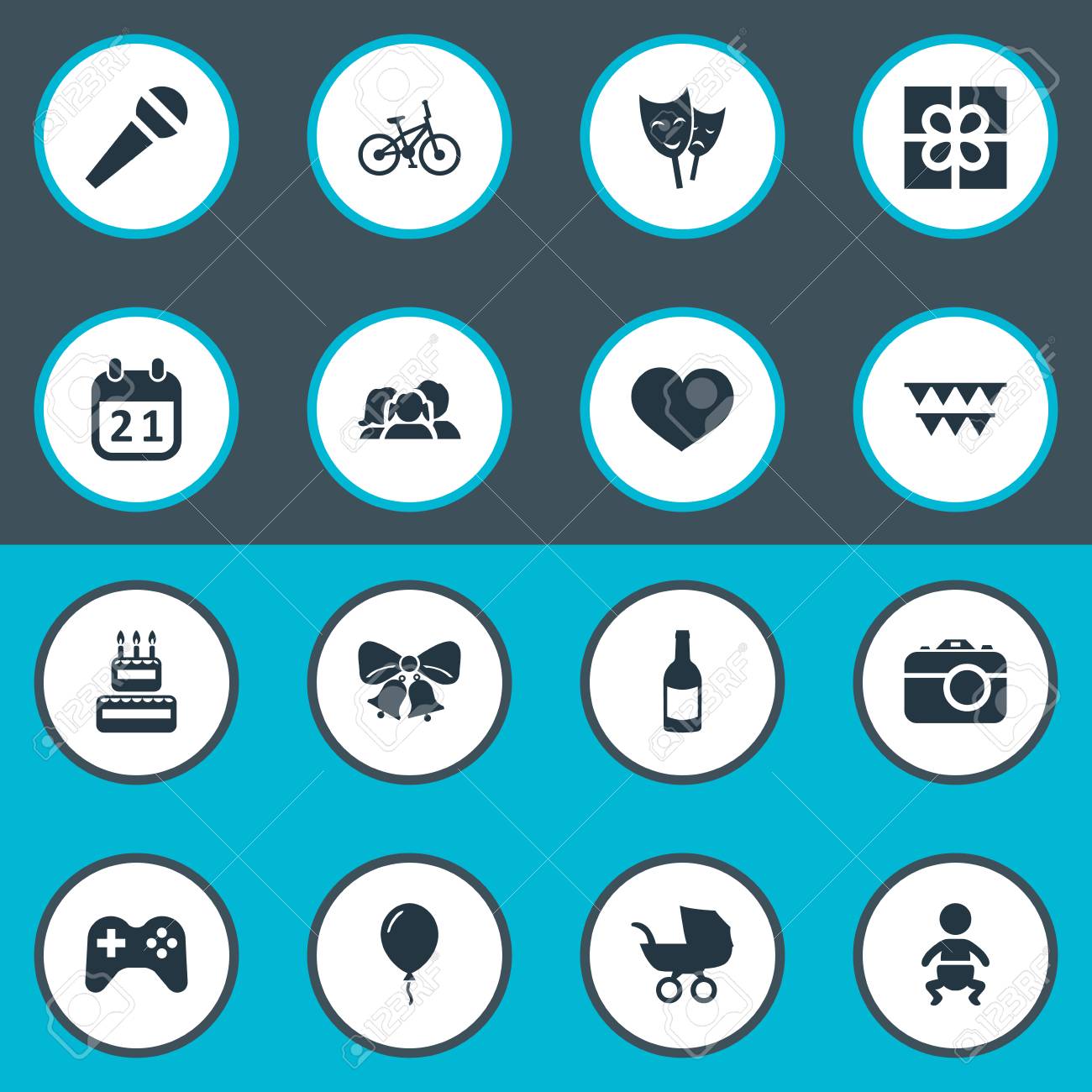 簡単な誕生日アイコンのベクター イラスト セット 他の同義語のケーキ 特別な日 装飾 要素カメラ飲料との子供 のイラスト素材 ベクタ Image