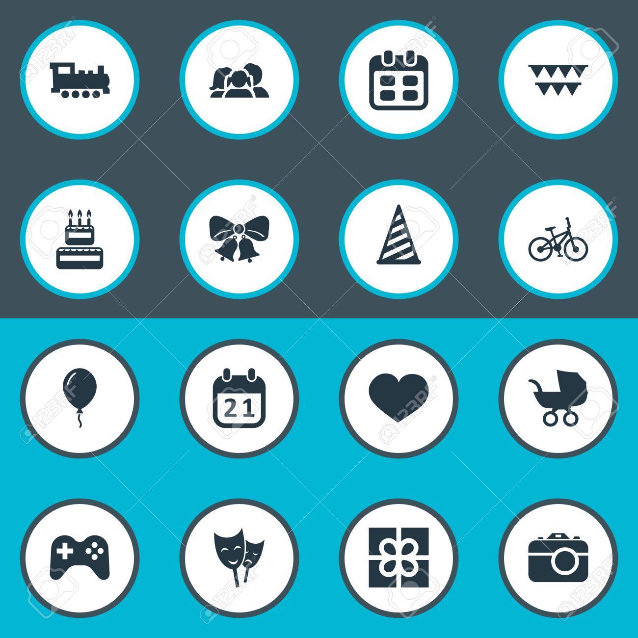 簡単なお祝いアイコンのベクター イラスト セット 要素の共鳴 ボックス 魂と他の類義語俳優 ケーキおよび蒸気 のイラスト素材 ベクタ Image