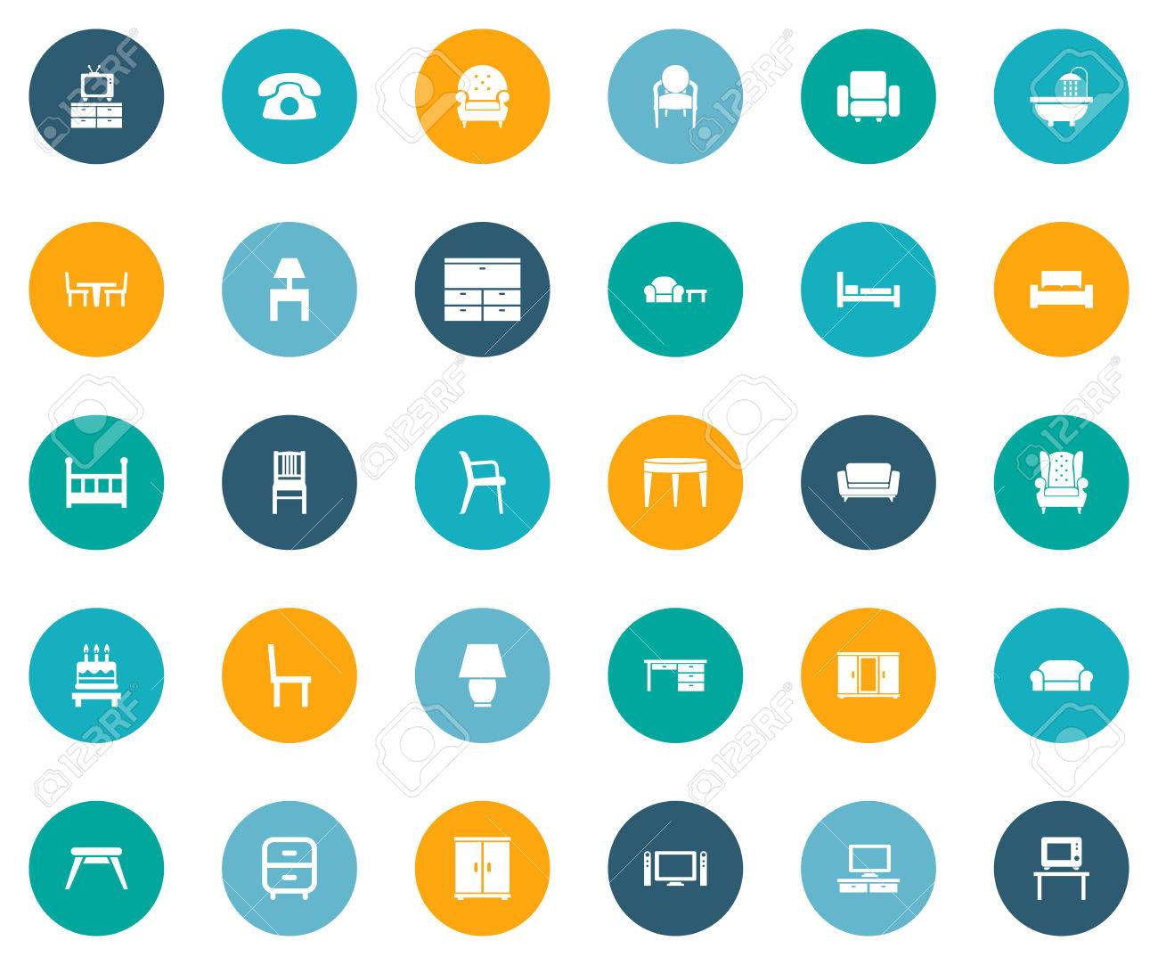シンプルな家具のアイコンのベクトル イラスト セット 要素テレビ 照明器具 軸受 他の同義語 浴槽 折りたたみとお風呂 のイラスト素材 ベクタ Image 7501