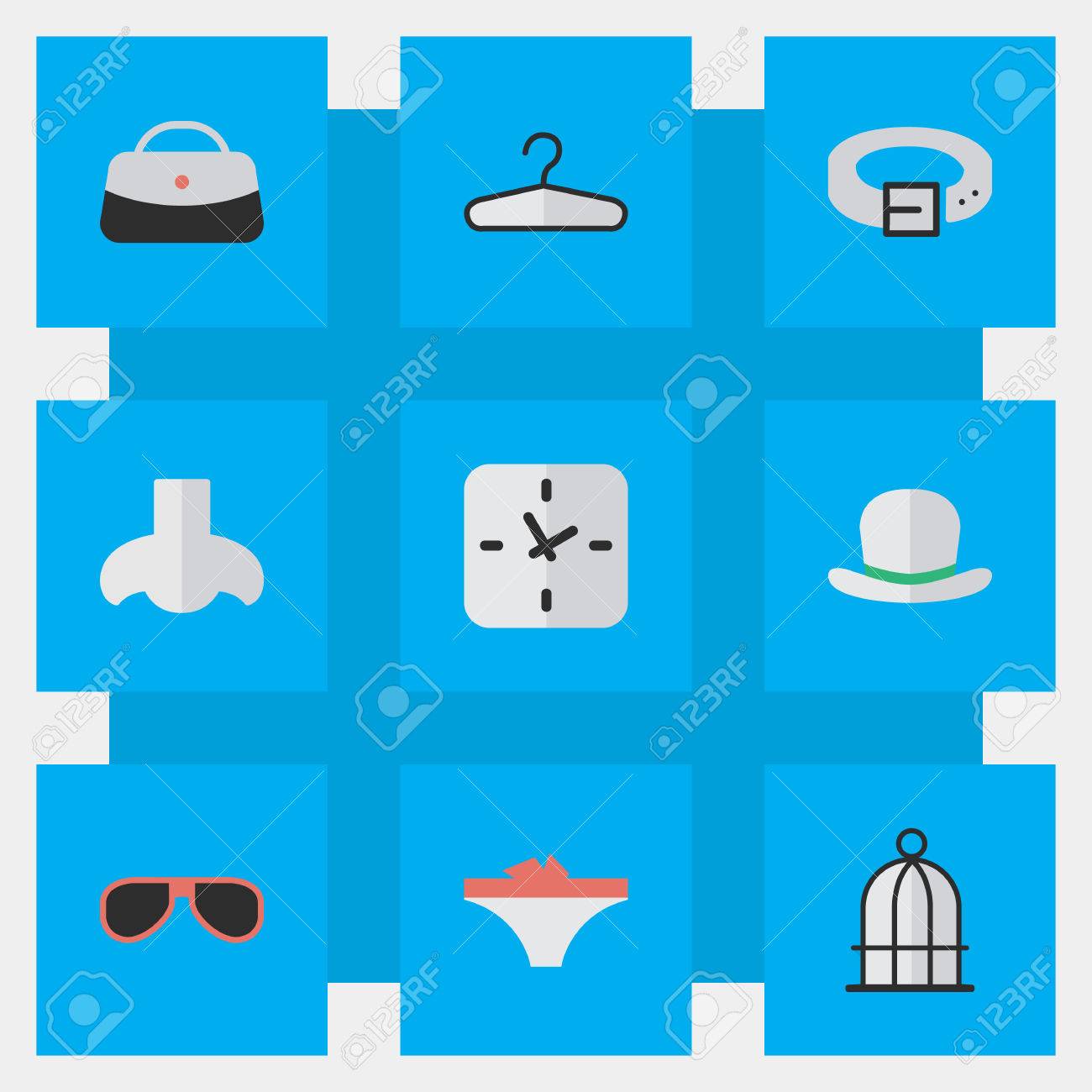 簡単な機器のアイコンのベクトル イラスト セット 要素服フック 鳥かご 時間および他の類義語に 鳥かごとのハンドバッグ のイラスト素材 ベクタ Image