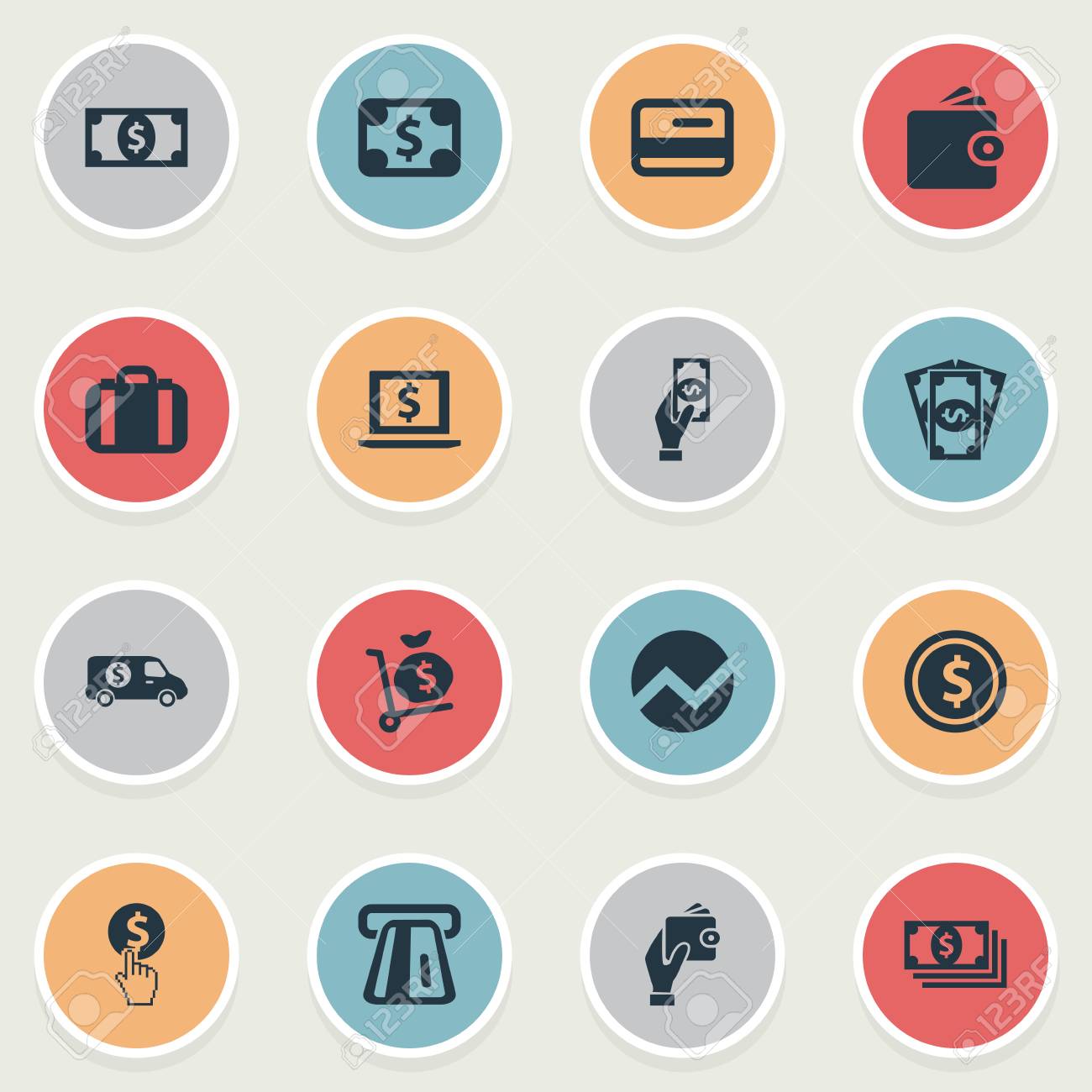 要素ラップトップ お札 財布と類義語の他のラップトップは 財布し トラックします 簡単な銀行業務のアイコンのベクトル イラスト セット のイラスト素材 ベクタ Image