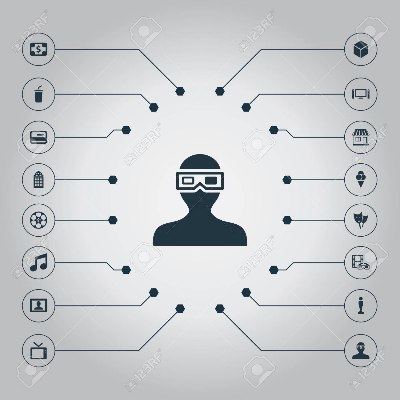 要素食料品 バーチャルリアリティ 観客や他の類義語フィルム 装飾およびテレビ 簡単な映画のアイコンのベクトル イラスト セット のイラスト素材 ベクタ Image