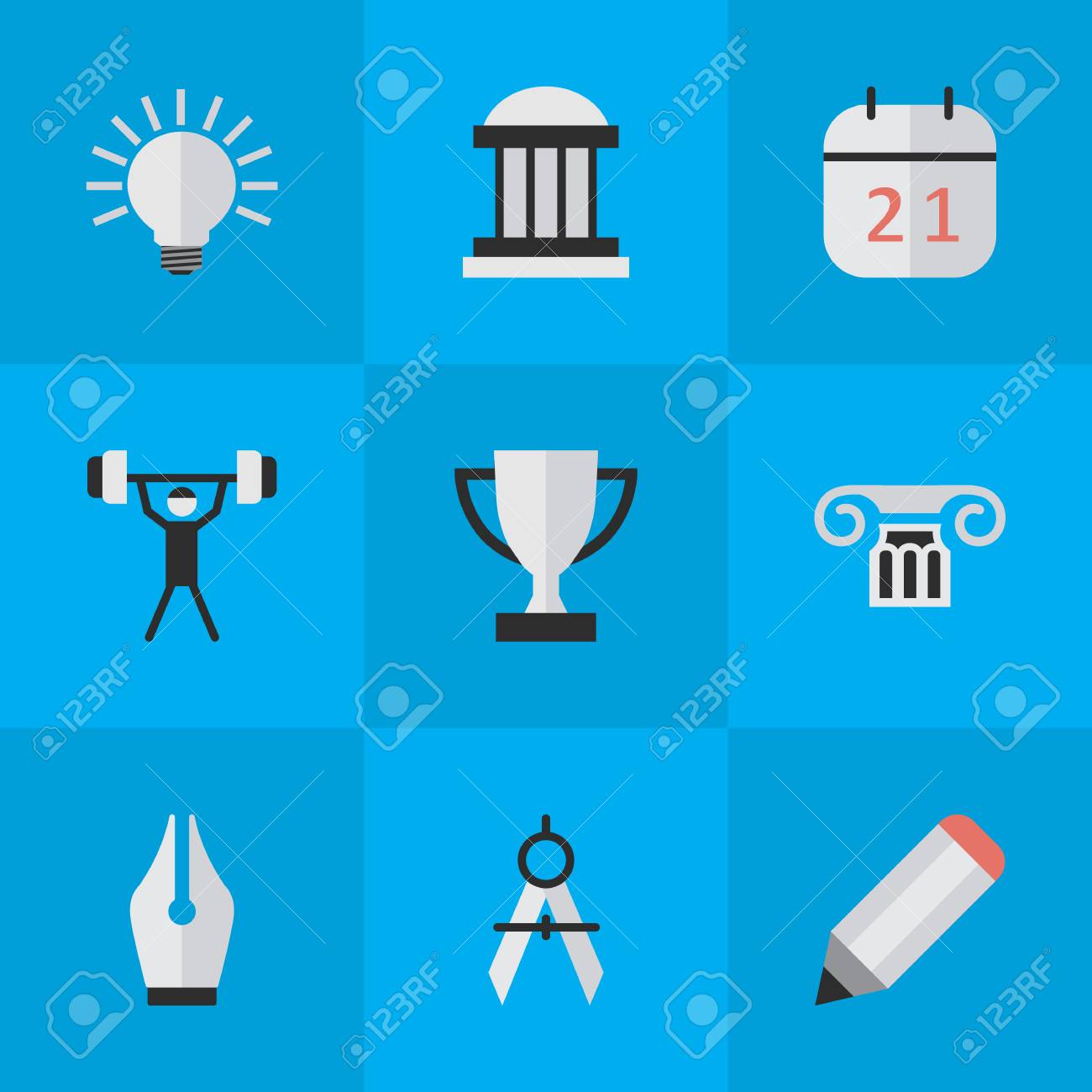 簡単な教育アイコンのベクター イラスト セット 要素日付ブロック 大学 ゴブレット 他類義語賞ボディービルとペン のイラスト素材 ベクタ Image
