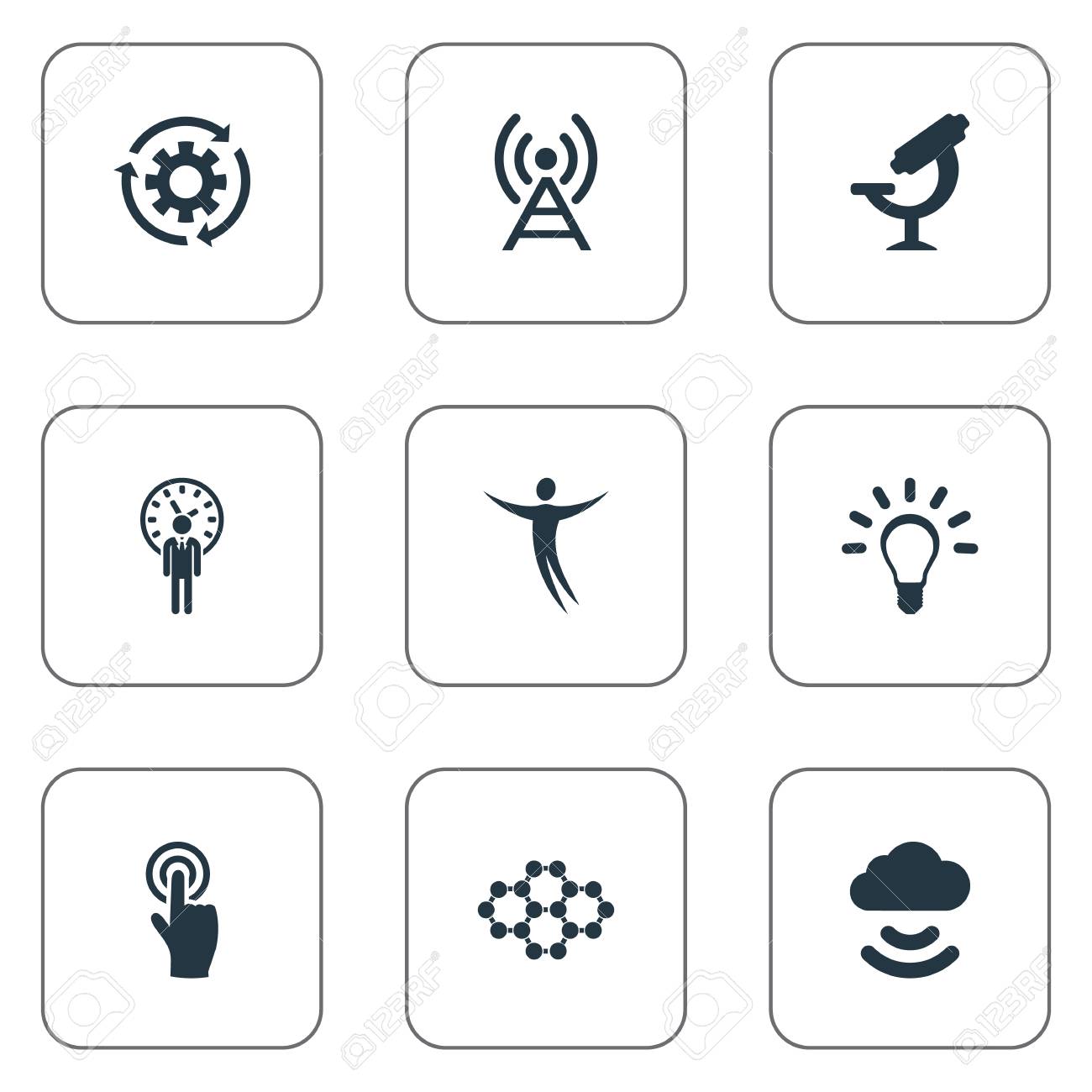 シンプルな発明アイコンのベクター イラスト セット 要素のアイデアは リモート記憶域と他の類義語のアイデアは 光や電球を放送します のイラスト素材 ベクタ Image