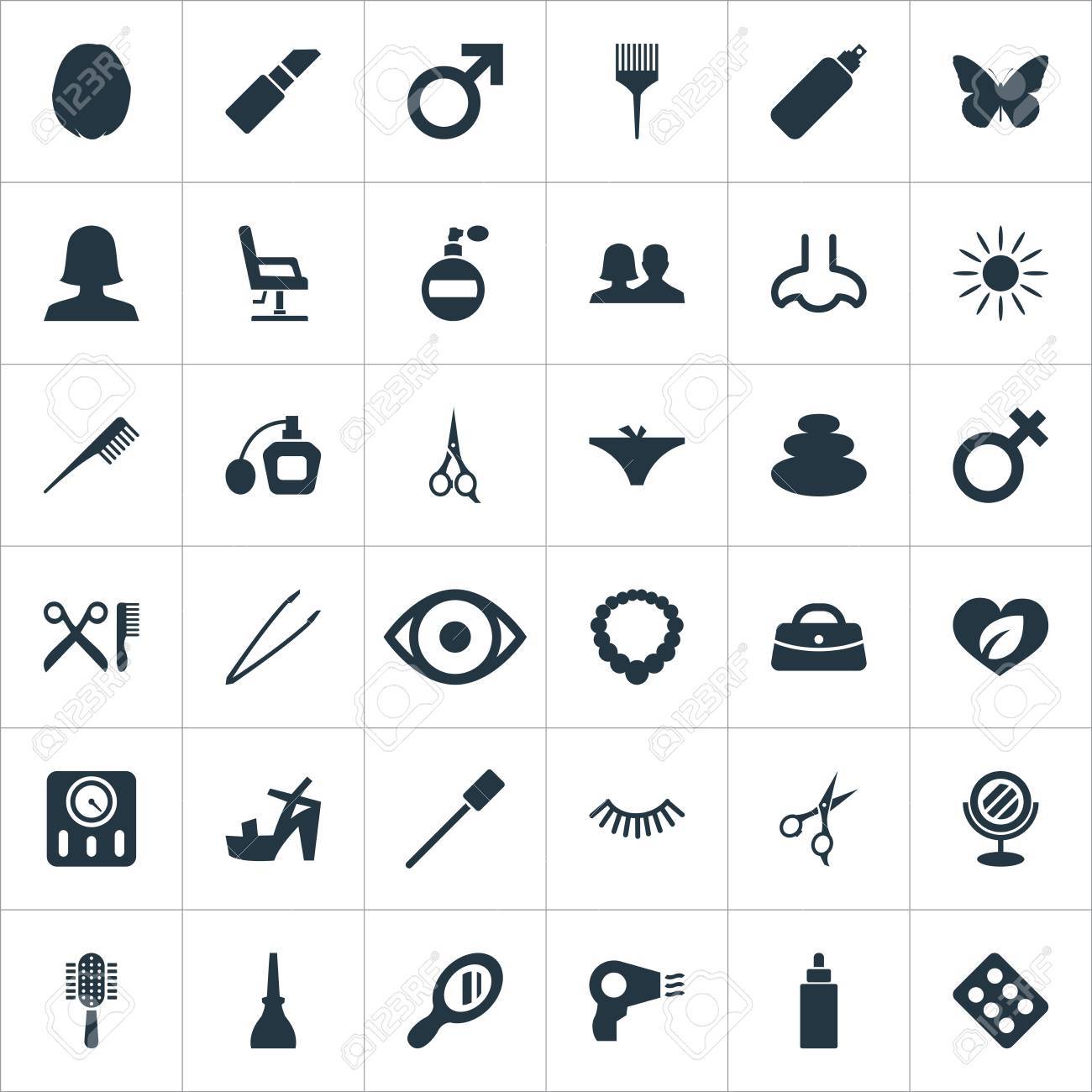 シンプルな美しさのアイコンのベクトル イラスト セット 鼻 人間要素サンルーム ルージュ ゲル 他の同義語の美容院のイラスト素材 ベクタ Image
