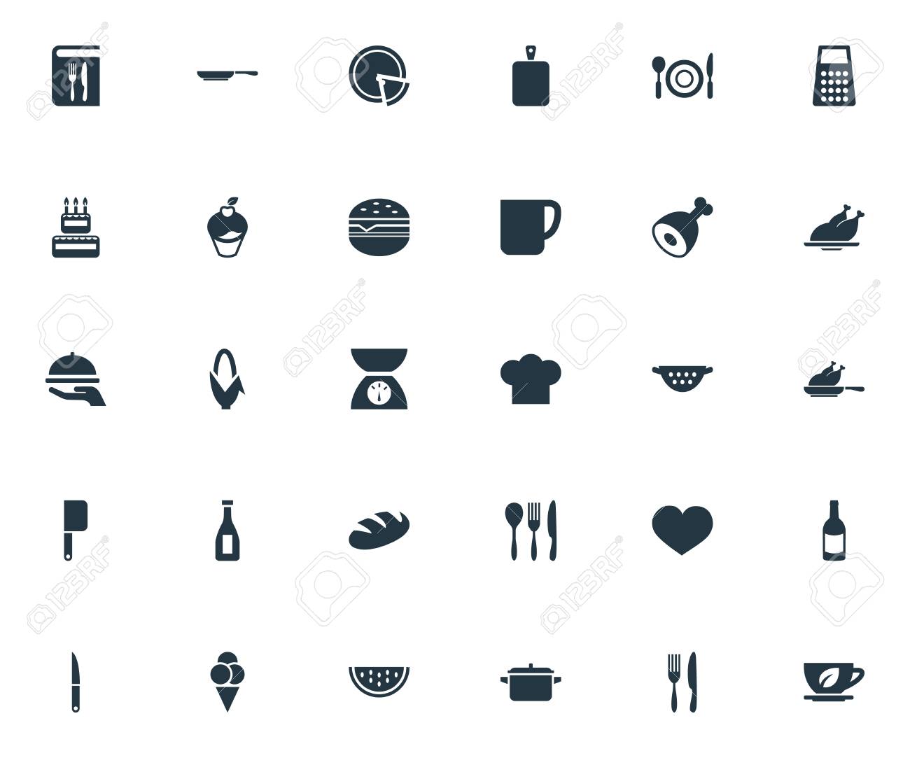 簡易キッチンのアイコンのベクトル イラスト セット 要素の情熱 カップ フライパンと他の類義語の肉 ハーブと誕生日 のイラスト素材 ベクタ Image