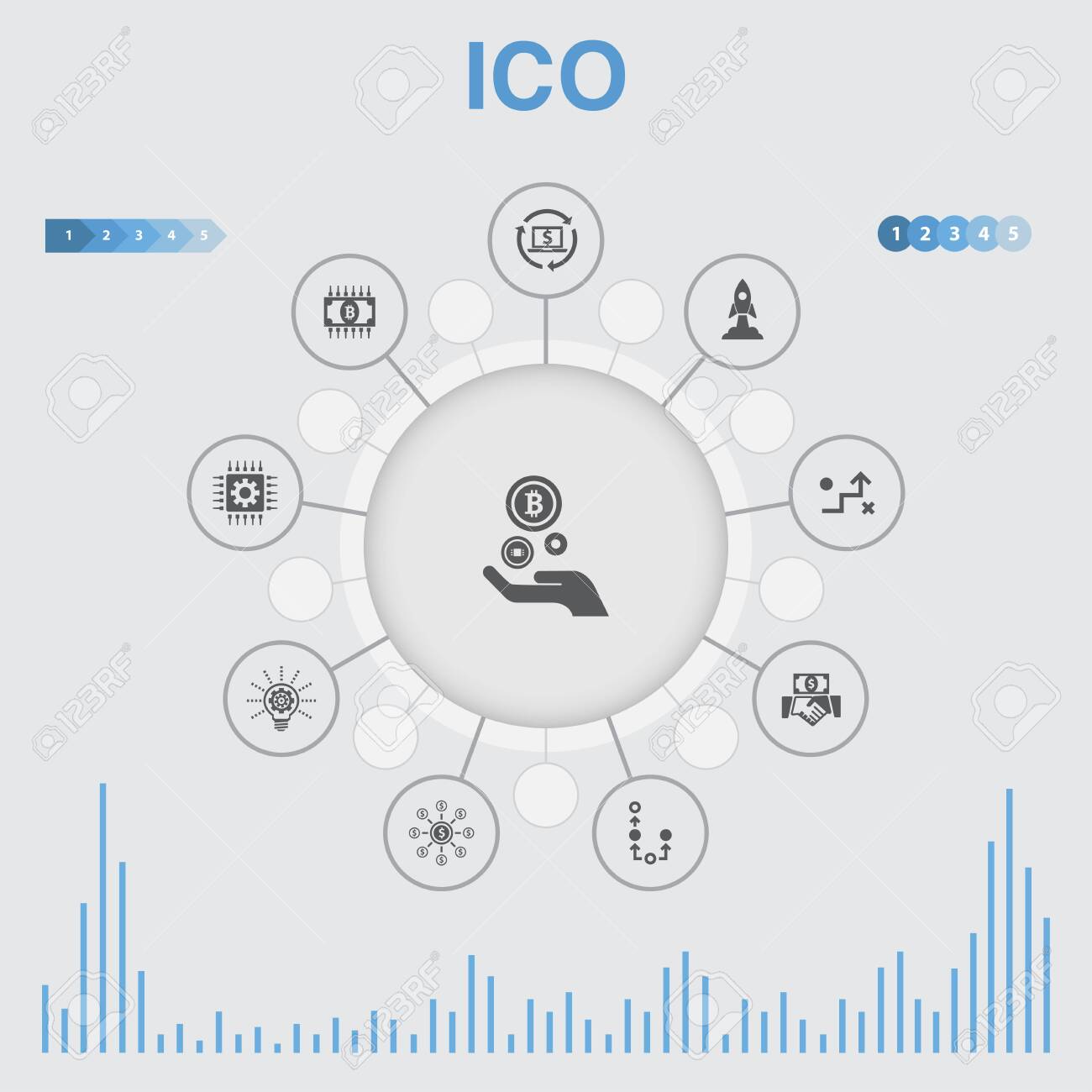 아이콘이 있는 Ico 인포그래픽에는 암호화폐 스타트업 디지털 경제 기술과 같은 아이콘이 포함되어 있습니다. 로열티 무료 사진, 그림,  이미지 그리고 스톡포토그래피. Image 132646415
