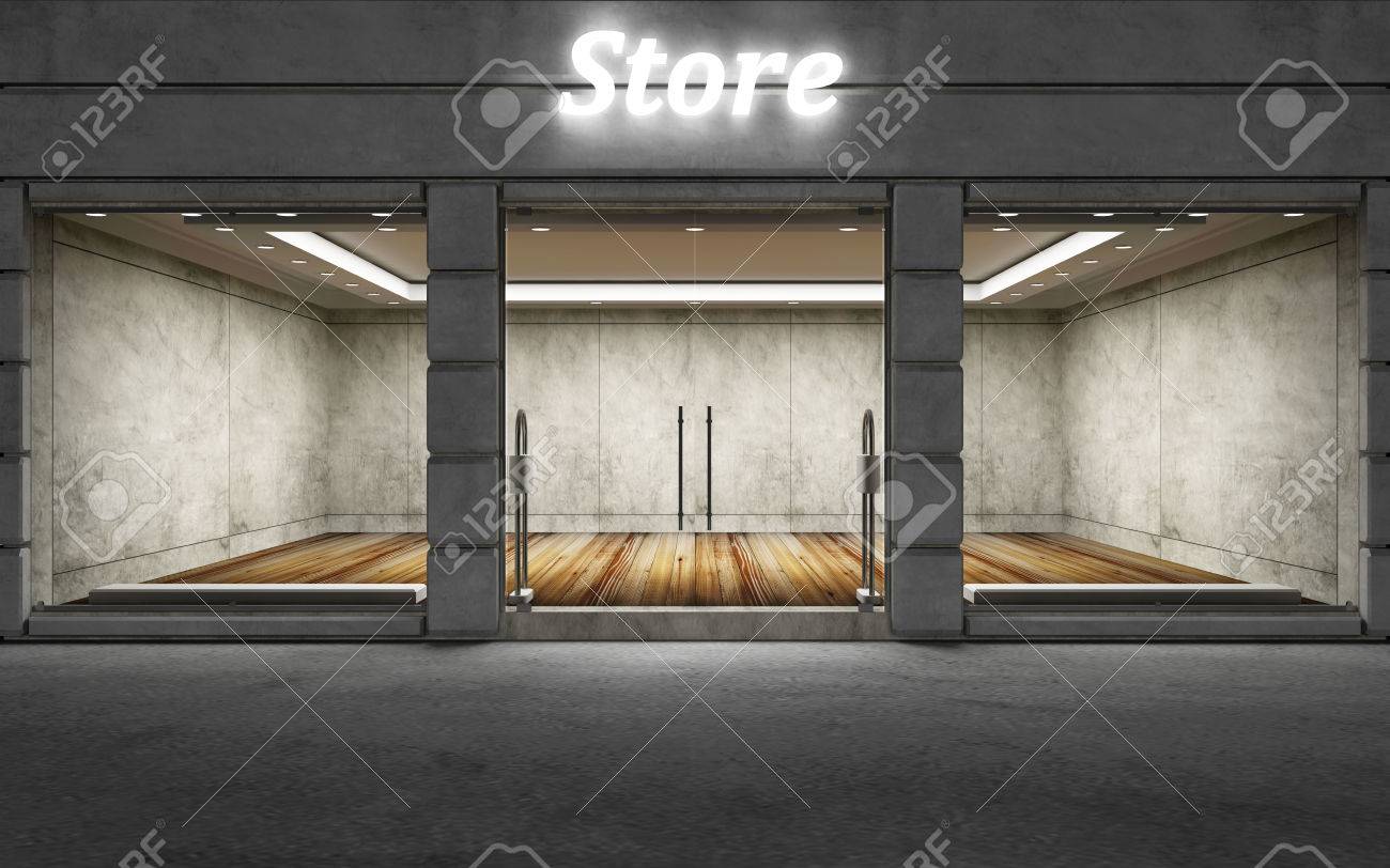 Modern Empty Elite Store Front With Big Windows At Night 3D Rendering Stock Photo Modern Empty Elite Store Front With Big Windows At Night 3D Rendering Stock Photo