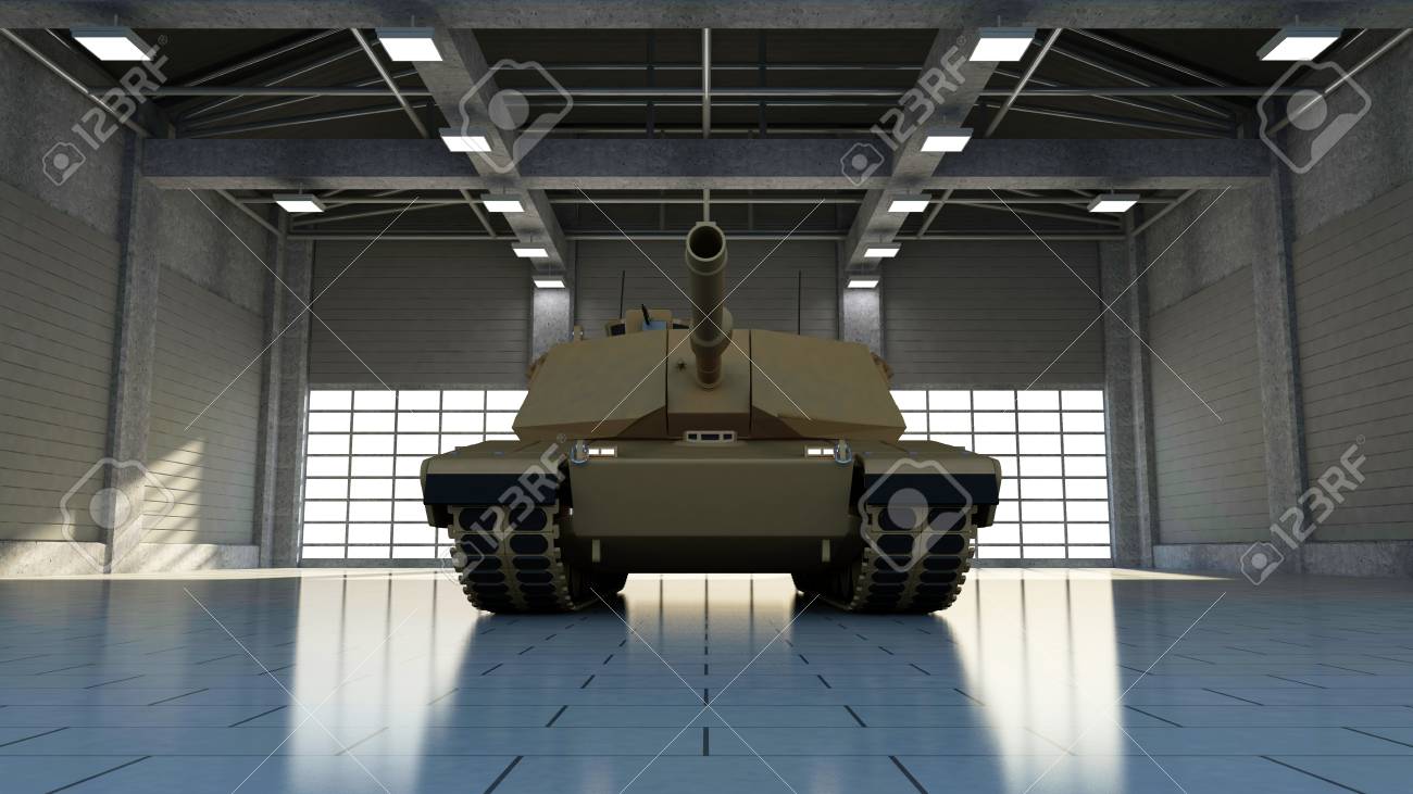 Heavy Military Tank In Modern Hangar With Big Windows. 3D Rendering  Фотография, картинки, изображения и сток-фотография без роялти. Image  124934414