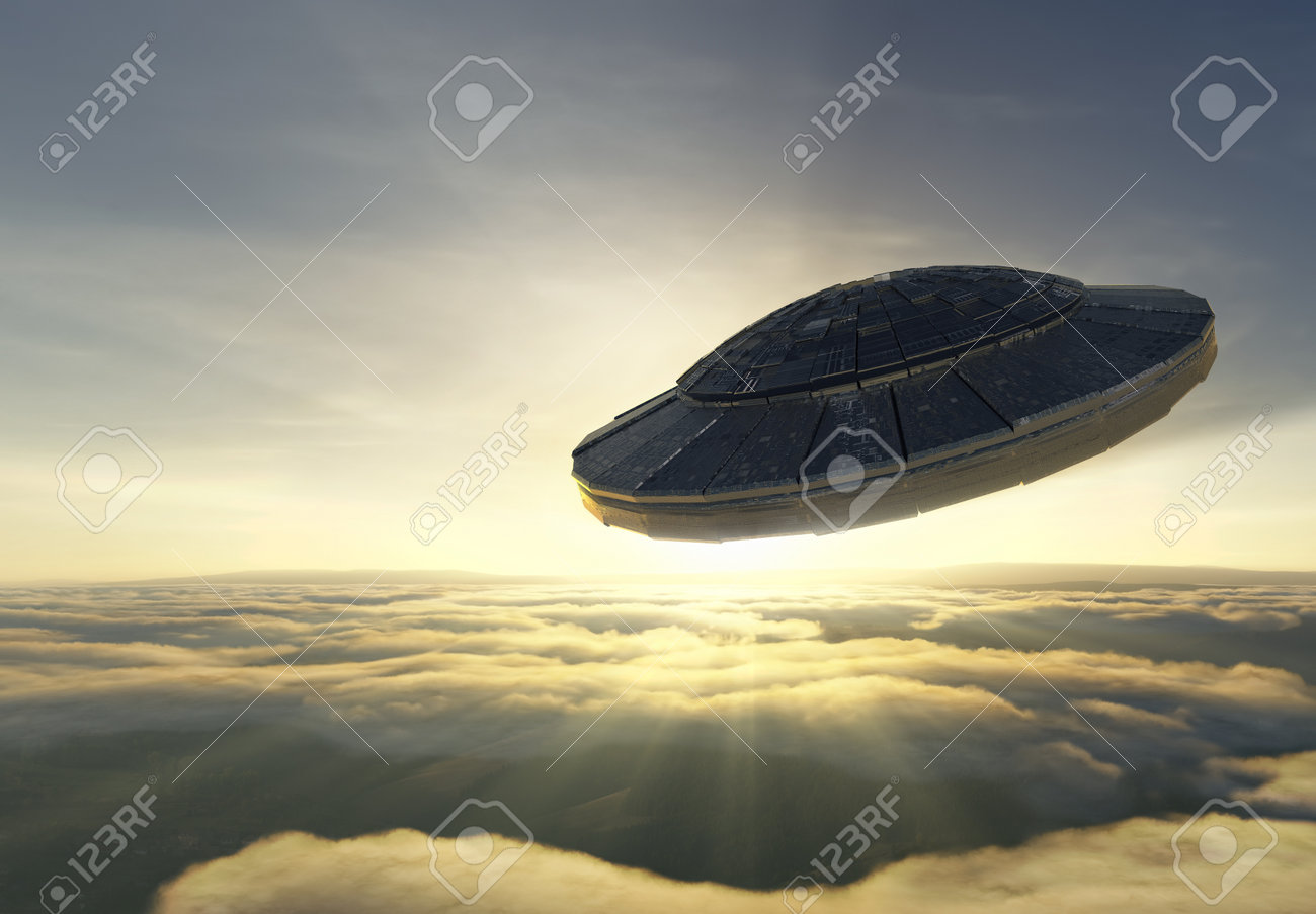 Alien spacecraft is flying over the clouds against sunset - 96117279 Alien spacecraft is flying over the clouds against sunset - 96117279