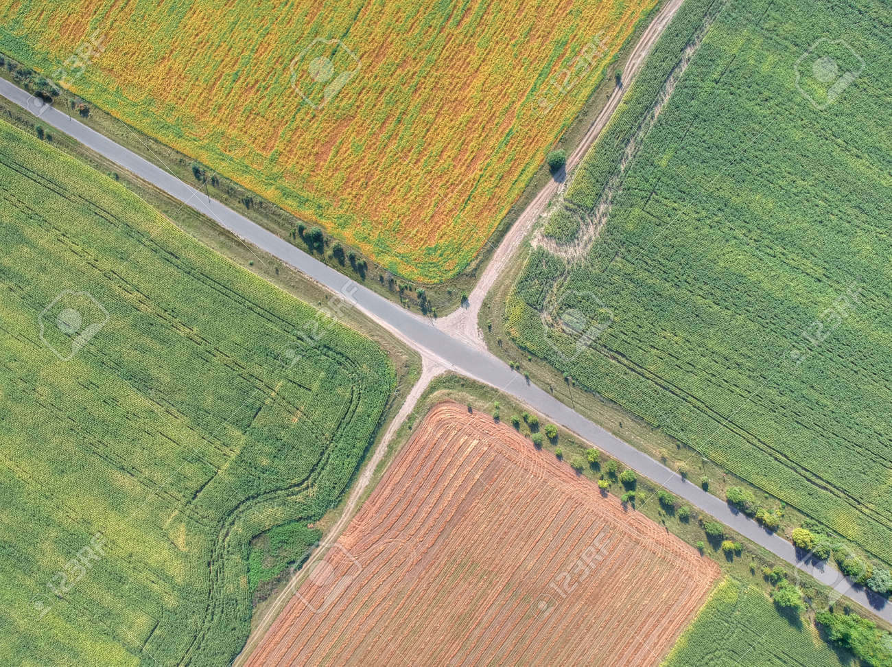 Aerial picture of the rural roads crossing the fields - 108851206 Aerial picture of the rural roads crossing the fields - 108851206