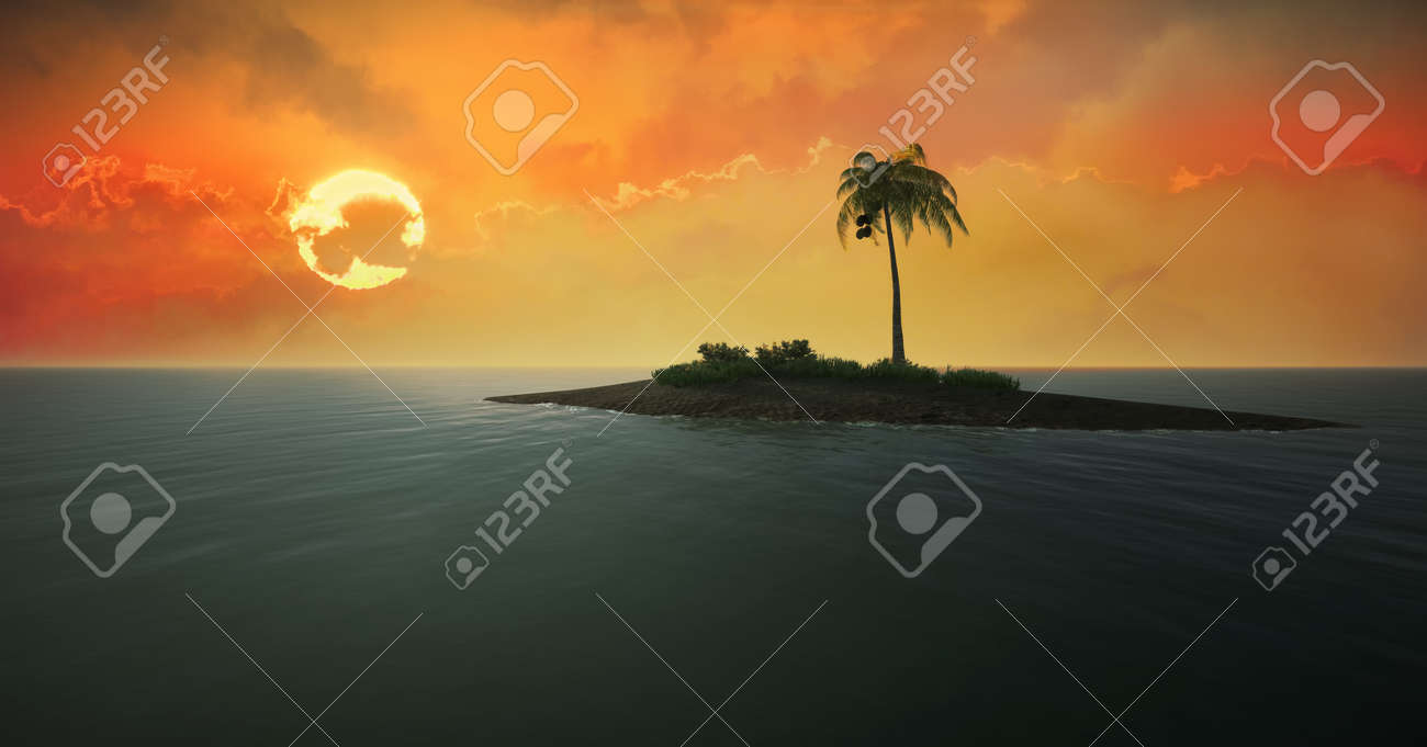 3d illustration of a lonely tropical island against the setting sun - 133378152 3d illustration of a lonely tropical island against the setting sun - 133378152