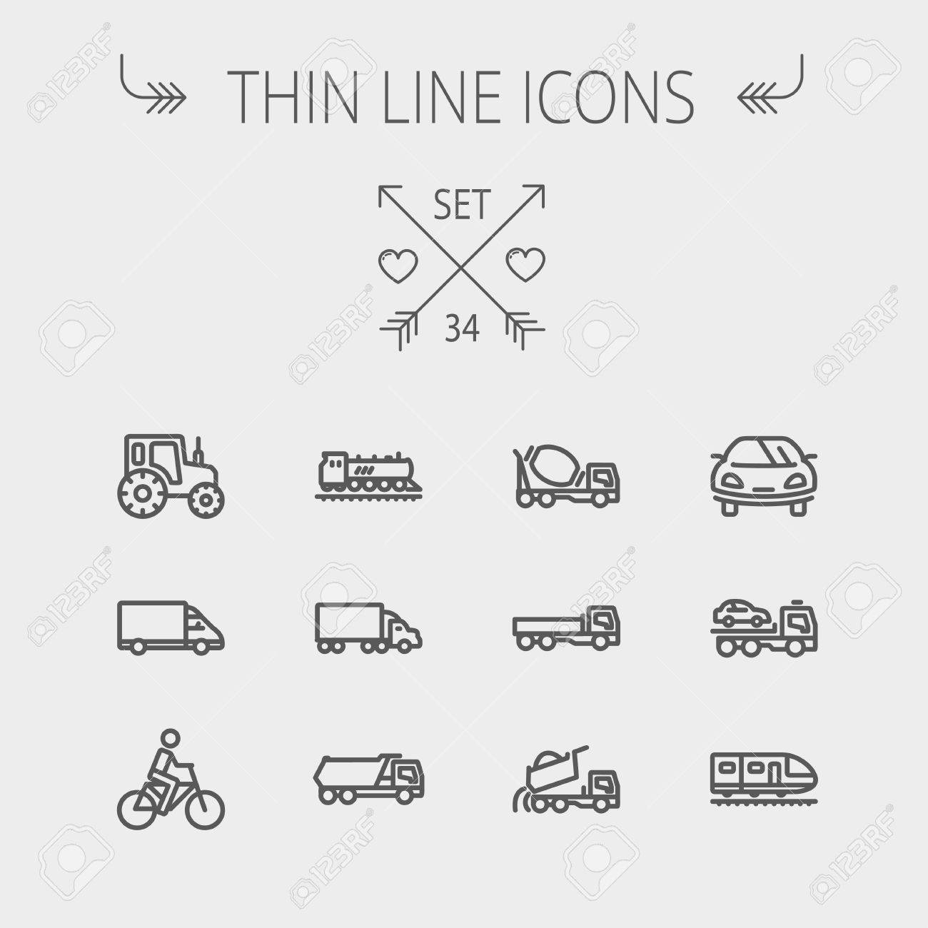 交通機関の細い線のアイコン Web とモバイルを設定します 設定が含まれていますスポーツ車 トラック バン 自転車 牽引トラック ミキサー トラック 電車のアイコン モダンなミニマルなフラット デザイン ベクトルにライトグレーの背景の暗い灰色のアイコン の