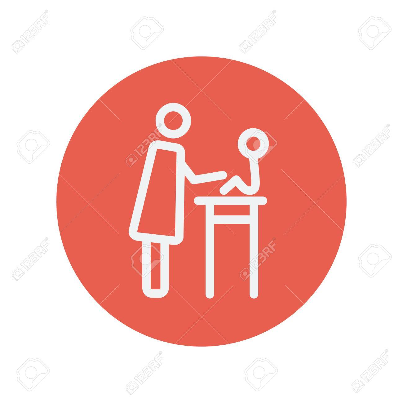 Web とモバイルのミニマルなフラット デザインのハイチェア細い線アイコン上に座っている彼女の赤ん坊の世話は母親します 赤い丸の中の白いベクトル アイコン のイラスト素材 ベクタ Image
