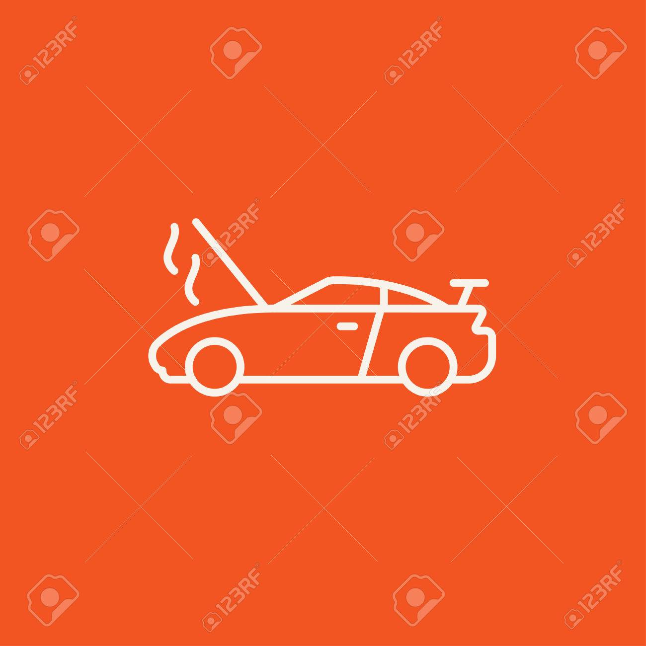 Web モバイル インフォ グラフィックのフードが開きライン アイコンで壊れた車は 白いベクトルのアイコンは 赤い背景に分離されました のイラスト素材 ベクタ Image