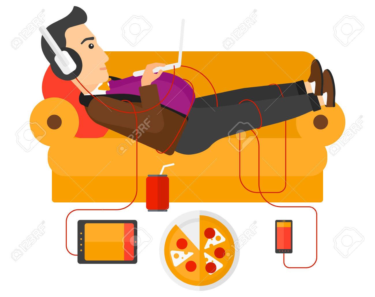 ヘッドフォン電子デバイスおよびファーストフードとソファに横になっているデブ男 のイラスト素材 ベクタ Image ヘッドフォン電子デバイスおよびファーストフードとソファに横になっているデブ男 のイラスト素材 ベクタ Image