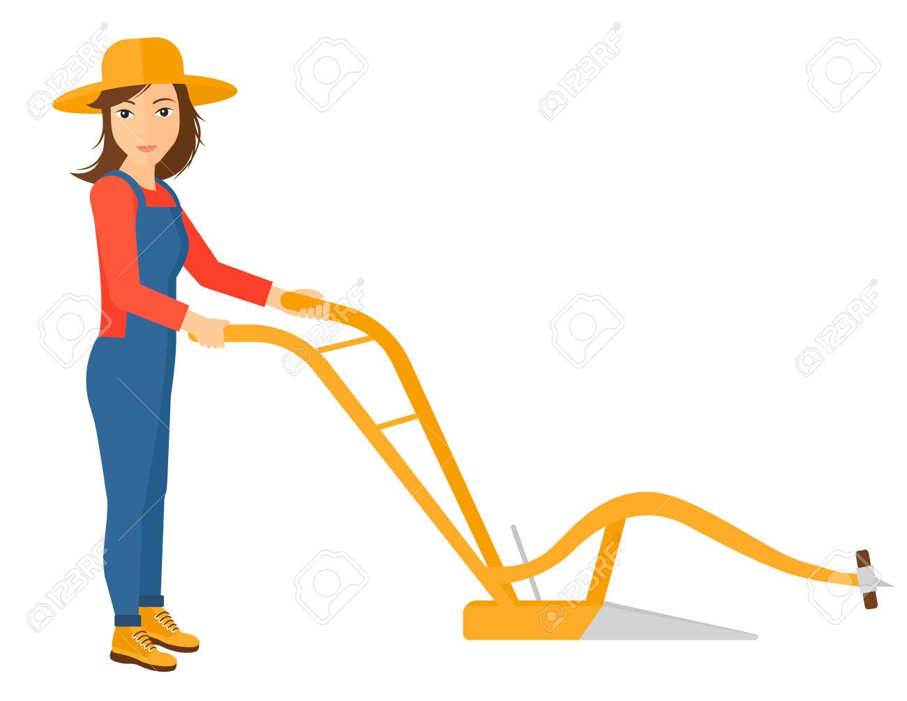 白い背景で隔離プラウ ベクトル フラット デザイン イラストを使用した農夫 のイラスト素材 ベクタ Image