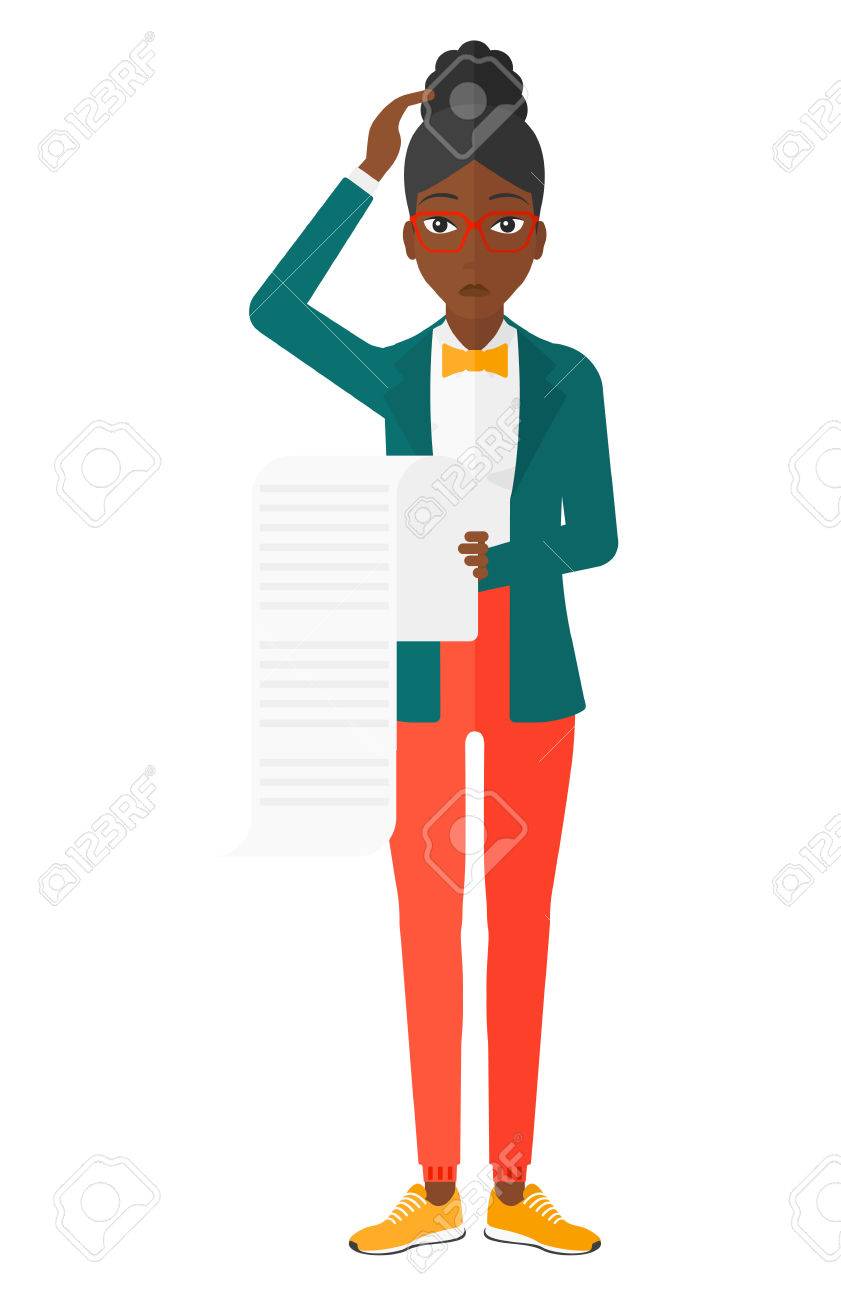 長いくちばしを手に保持しているアフリカ系アメリカ人の心配従業員はベクトル白い背景に分離されたフラットなデザイン イラストです のイラスト素材 ベクタ Image