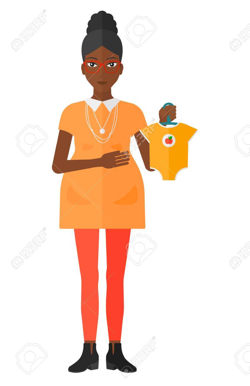 白い背景で隔離の赤ちゃんベクトル フラット デザイン イラストの服を保持しているアフリカ系アメリカ人妊娠中の女性 のイラスト素材 ベクタ Image 白い背景で隔離の赤ちゃんベクトル フラット デザイン イラストの服を保持しているアフリカ系アメリカ人妊娠中の女性 のイラスト素材 ベクタ Image