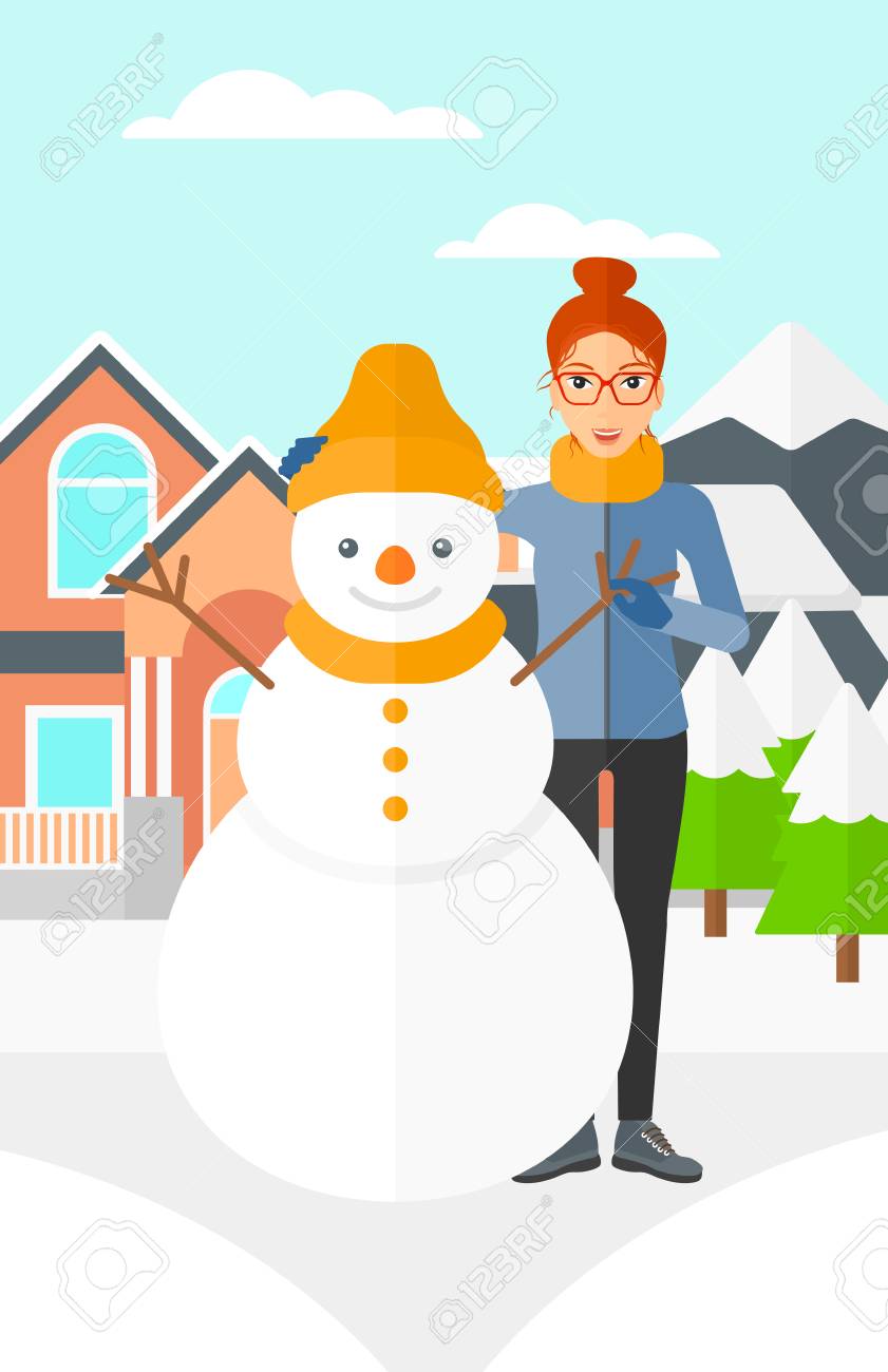 家や山背景ベクトル フラット デザイン イラストを雪だるまの近くに立って女性 縦型レイアウト のイラスト素材 ベクタ Image 家や山背景ベクトル フラット デザイン イラストを雪だるまの近くに立って女性 縦型レイアウト のイラスト素材 ベクタ Image