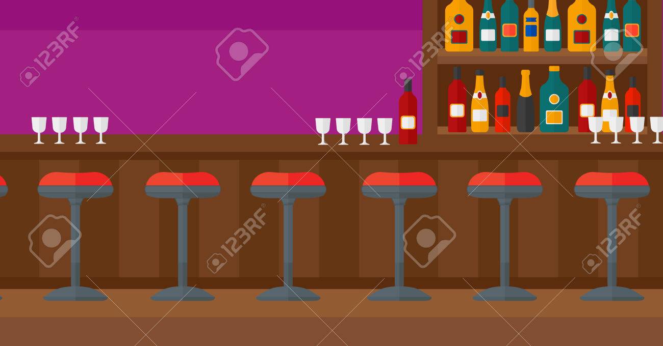 バーのスツールと酒棚ベクトル フラット デザイン イラストをカウンターの背景 水平方向のレイアウト のイラスト素材 ベクタ Image
