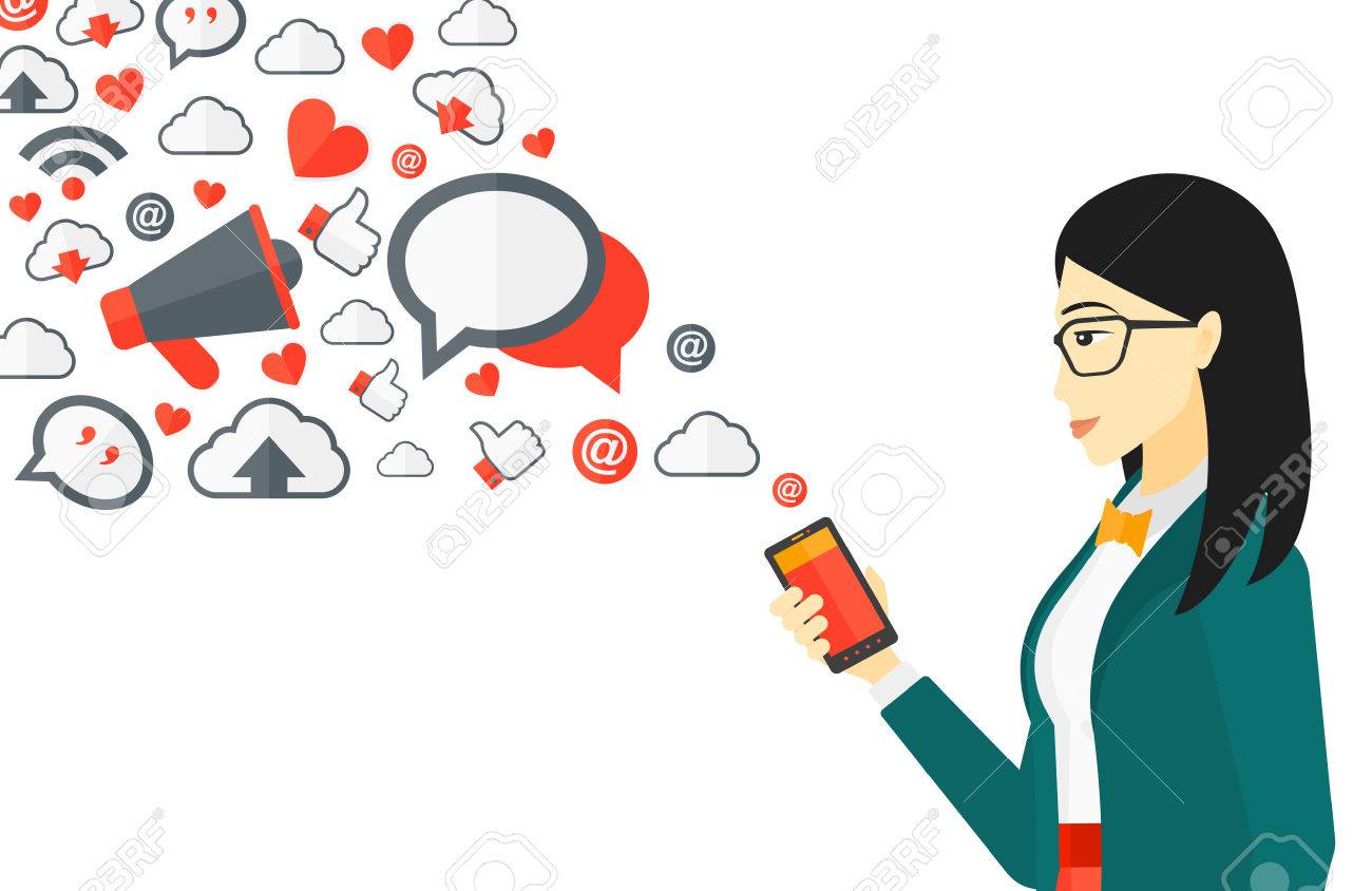 An asian woman using smartphone with lots of social media application icons flying out vector flat design illustration isolated on white background. - 52007297 An asian woman using smartphone with lots of social media application icons flying out vector flat design illustration isolated on white background. - 52007297