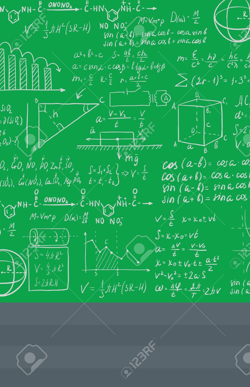 数学の方程式ベクトル平らな設計図で緑の黒板の背景 縦型レイアウト