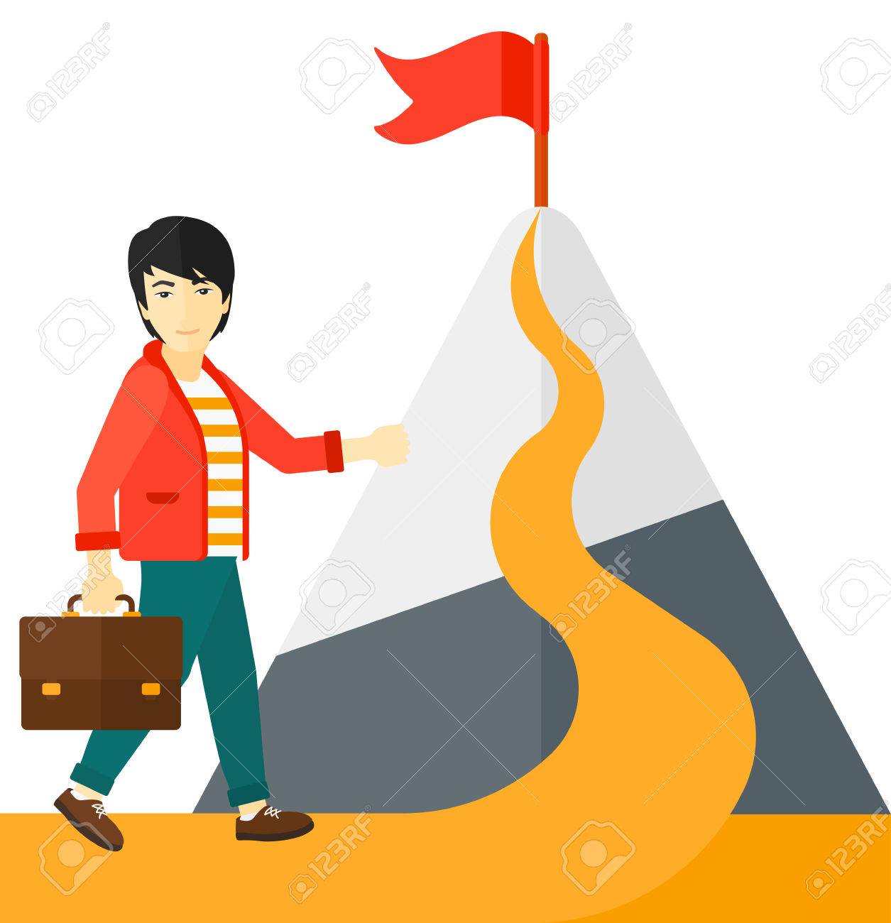 白い背景上に孤立フラグ ベクトル フラットなデザイン イラストが山の頂上に通じる道に立って手にスーツケースを持ってアジア人男性 のイラスト素材 ベクタ Image