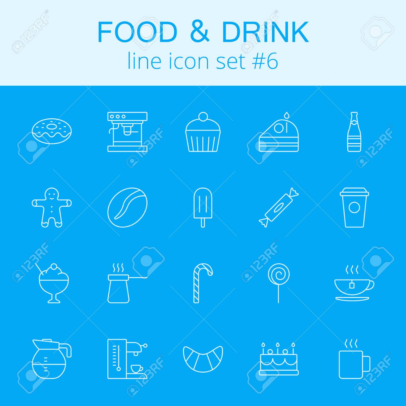 Food And Drink Icon Set Vector Light Blue Icon Isolated On Dark