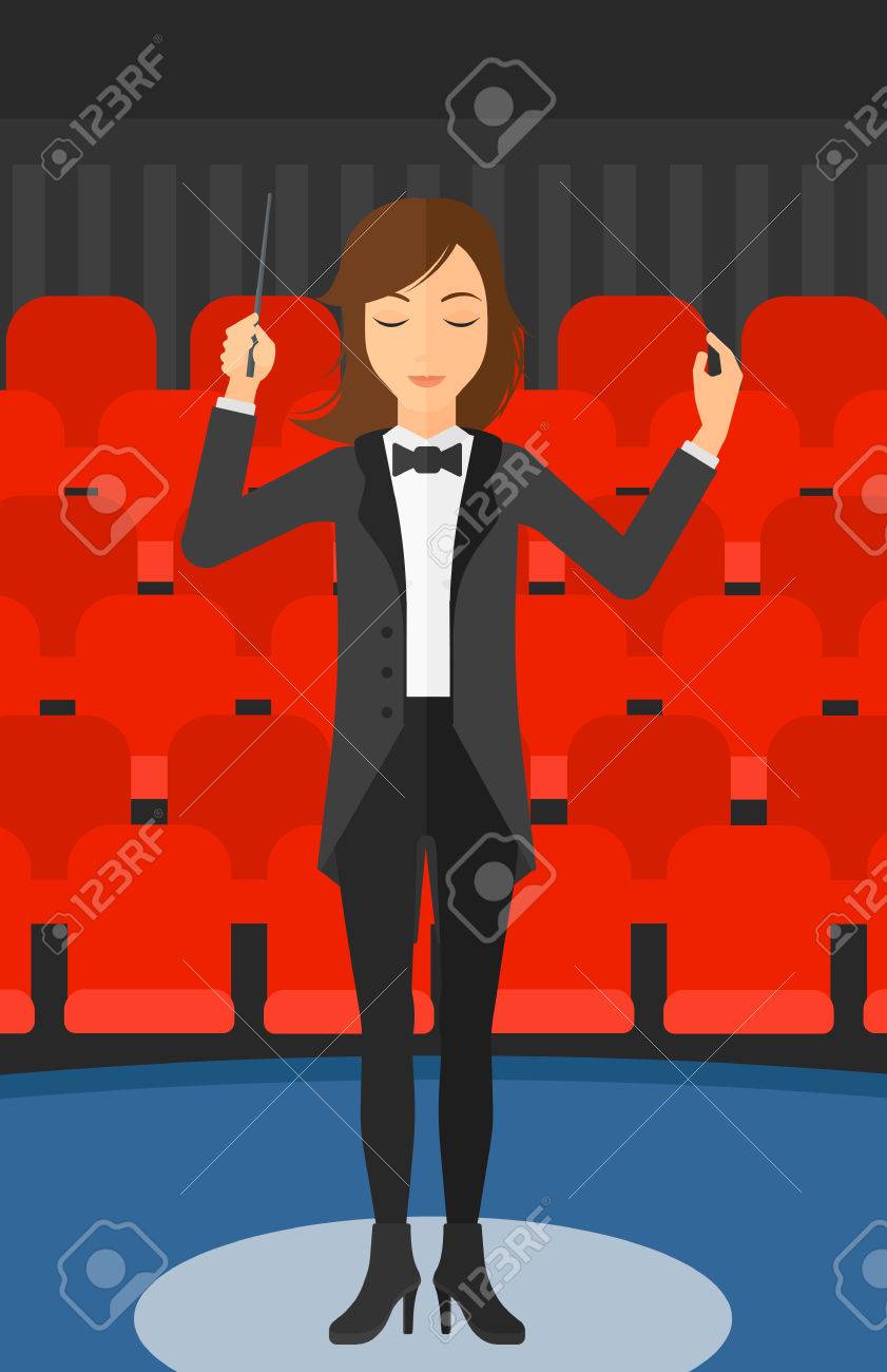オーケストラ指揮者のコンサート ホール ベクトル フラット デザイン イラストの背景にバトンを演出します 縦型レイアウト のイラスト素材 ベクタ Image 5392