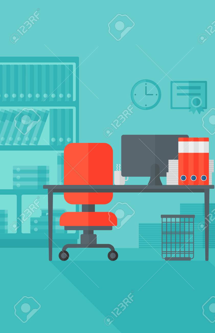 ビジネス オフィス コンピューター、テーブル、椅子、書棚のベクトル