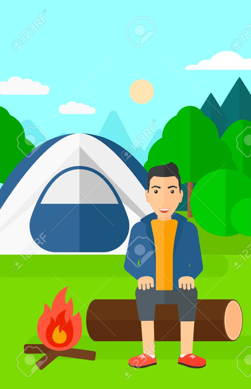 A Man Sitting On A Log Near The Fire On The Background Of Camping Site With  Tent Vector Flat Design Illustration. Vertical Layout. Royalty Free SVG,  Cliparts, Vectors, And Stock Illustration. Image