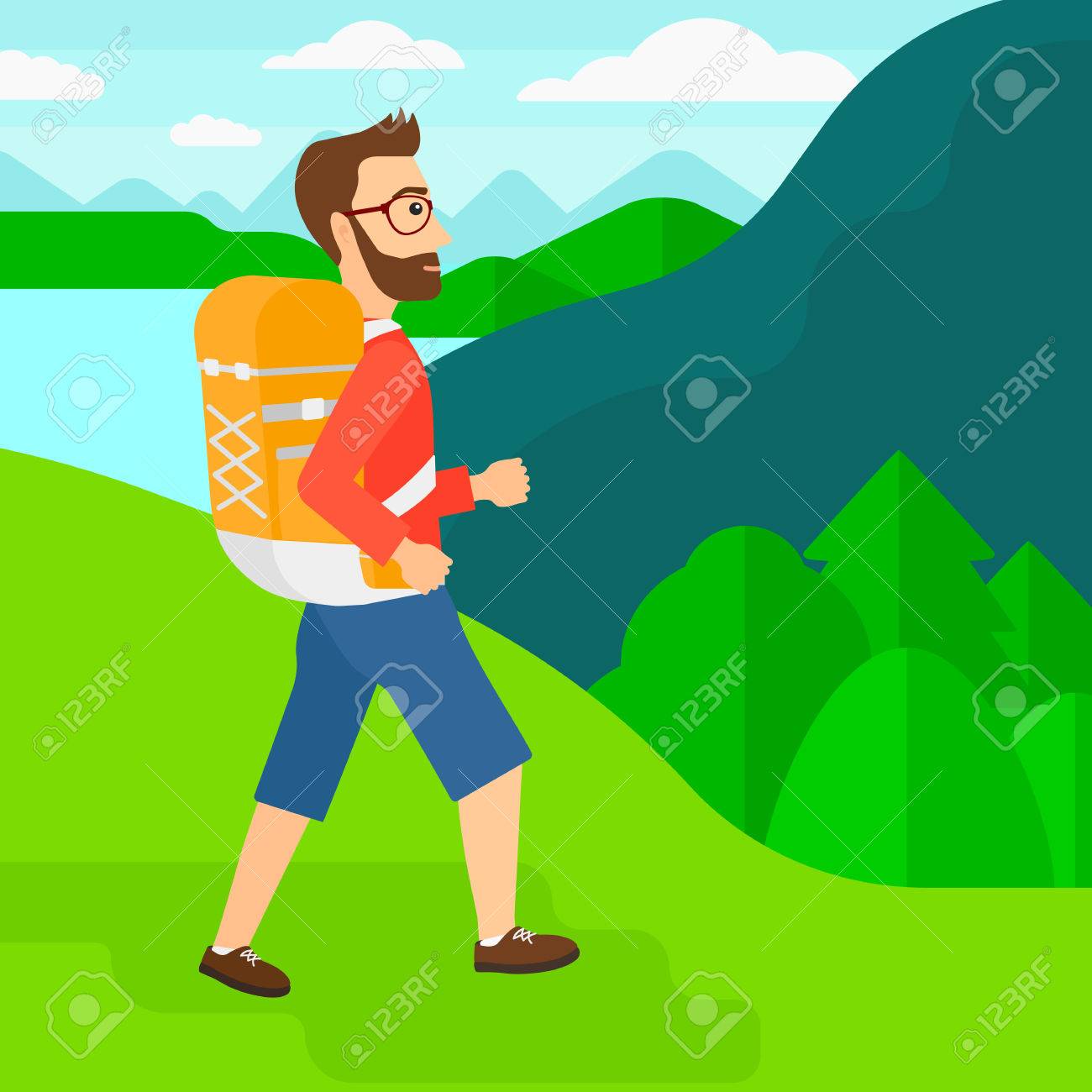 山ベクトル フラット デザイン イラストのハイキングのバックパックと流行に敏感な人 正方形のレイアウト のイラスト素材 ベクタ Image