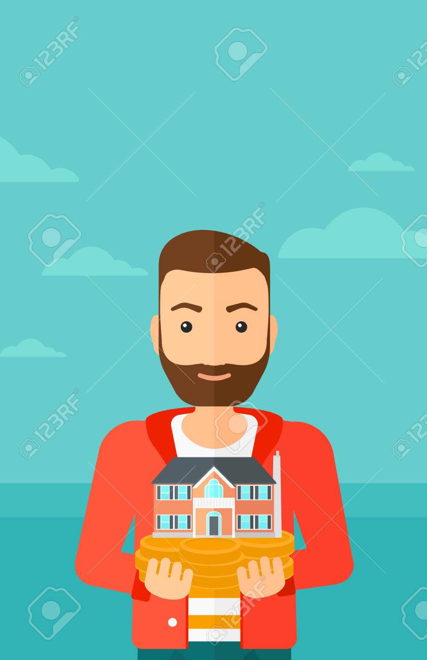 ひげの家のモデルを保持するいると流行に敏感な男の青い海と空ベクトル フラットなデザインのイラストの背景に手します 縦型レイアウト のイラスト素材 ベクタ Image