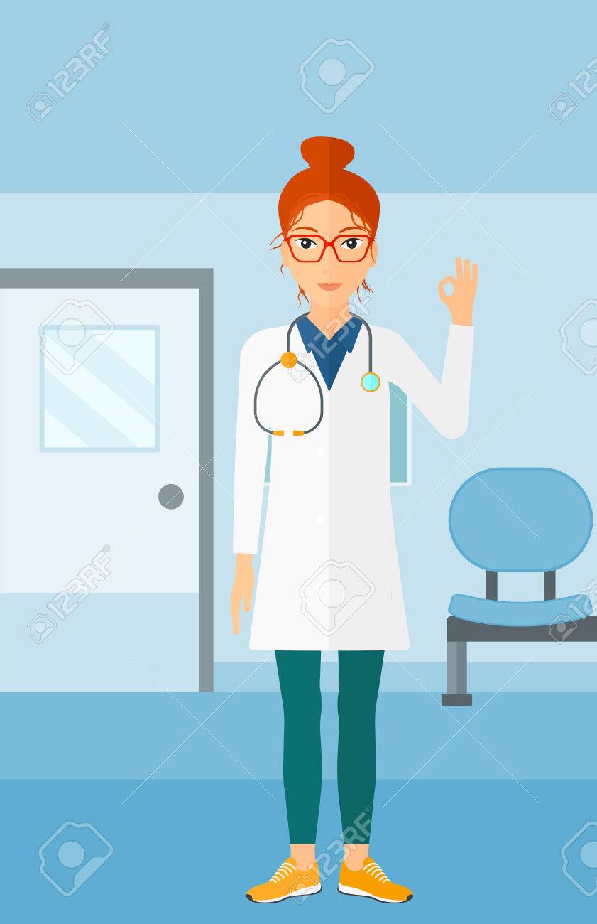 Ok を示す医療ガウンでフレンドリーな医者は病院廊下ベクトル フラット デザイン イラストの背景にサインオンします 縦型レイアウト のイラスト素材 ベクタ Image