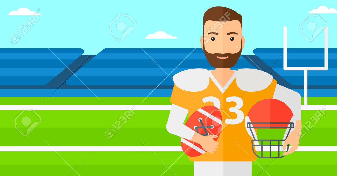 ボールとラグビー スタジアム ベクトル フラット デザイン イラストをヘルメットと流行に敏感な男 水平方向のレイアウト のイラスト素材 ベクタ Image
