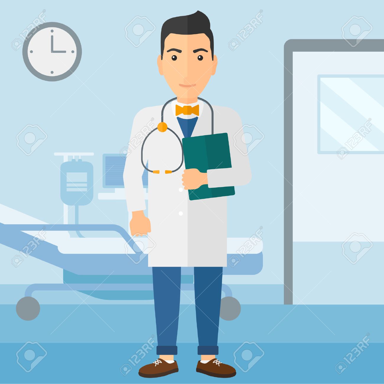 A happy doctor with stethoscope and a file on the background of hospital ward vector flat design illustration. Square layout. - 52372571 A happy doctor with stethoscope and a file on the background of hospital ward vector flat design illustration. Square layout. - 52372571