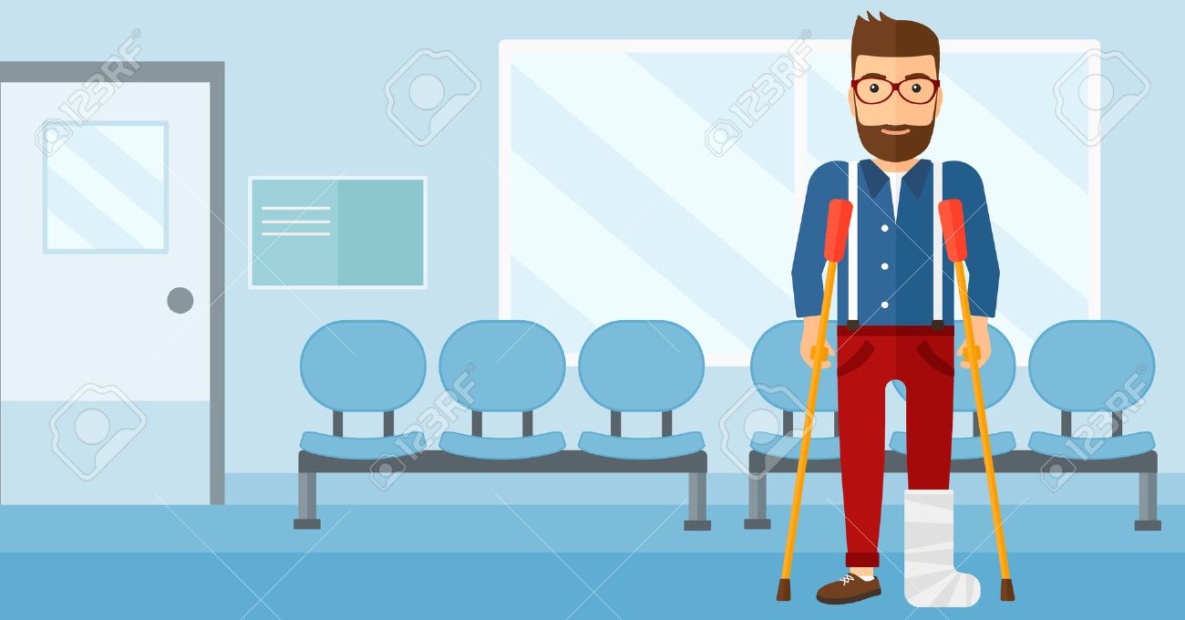 An injured hipster man with broken leg standing with crutches on the background of hospital corridor vector flat design illustration. Horizontal layout. - 52372448 An injured hipster man with broken leg standing with crutches on the background of hospital corridor vector flat design illustration. Horizontal layout. - 52372448