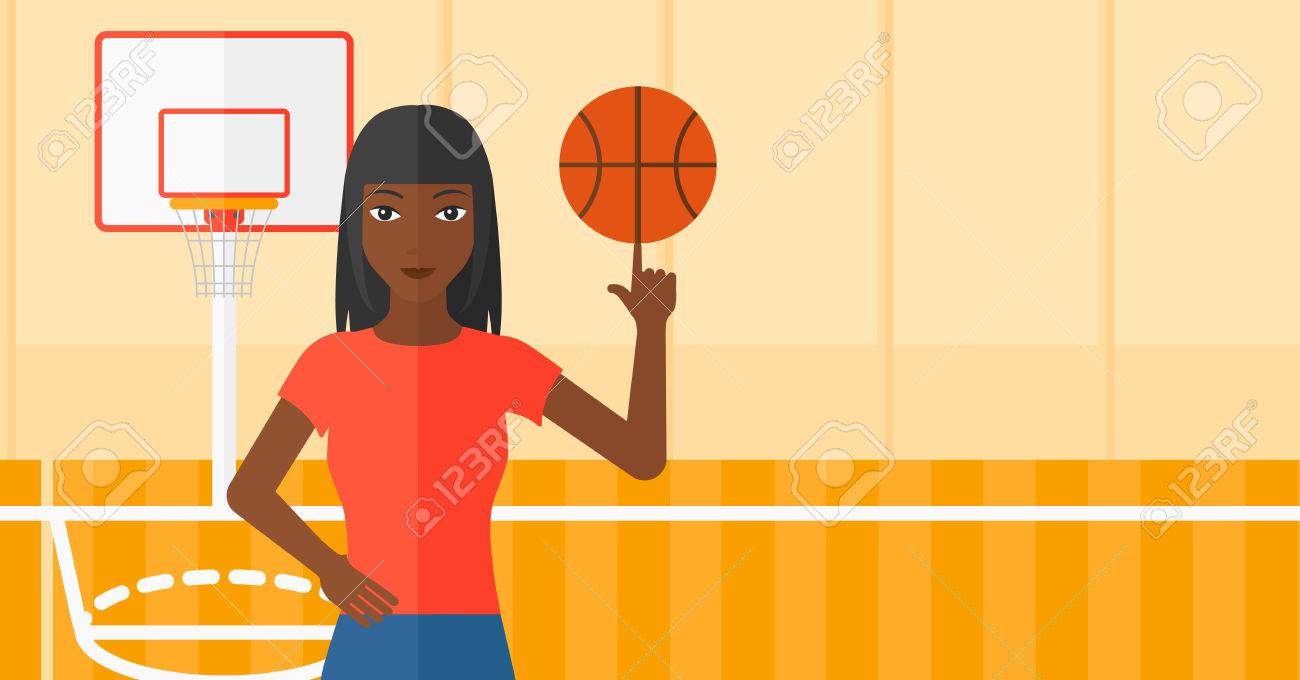 バスケット ボール コート ベクトル フラット デザイン イラストの背景に彼女の指にアフリカ系アメリカ人女性回転バスケット ボールのボール 水平方向のレイアウト のイラスト素材 ベクタ Image